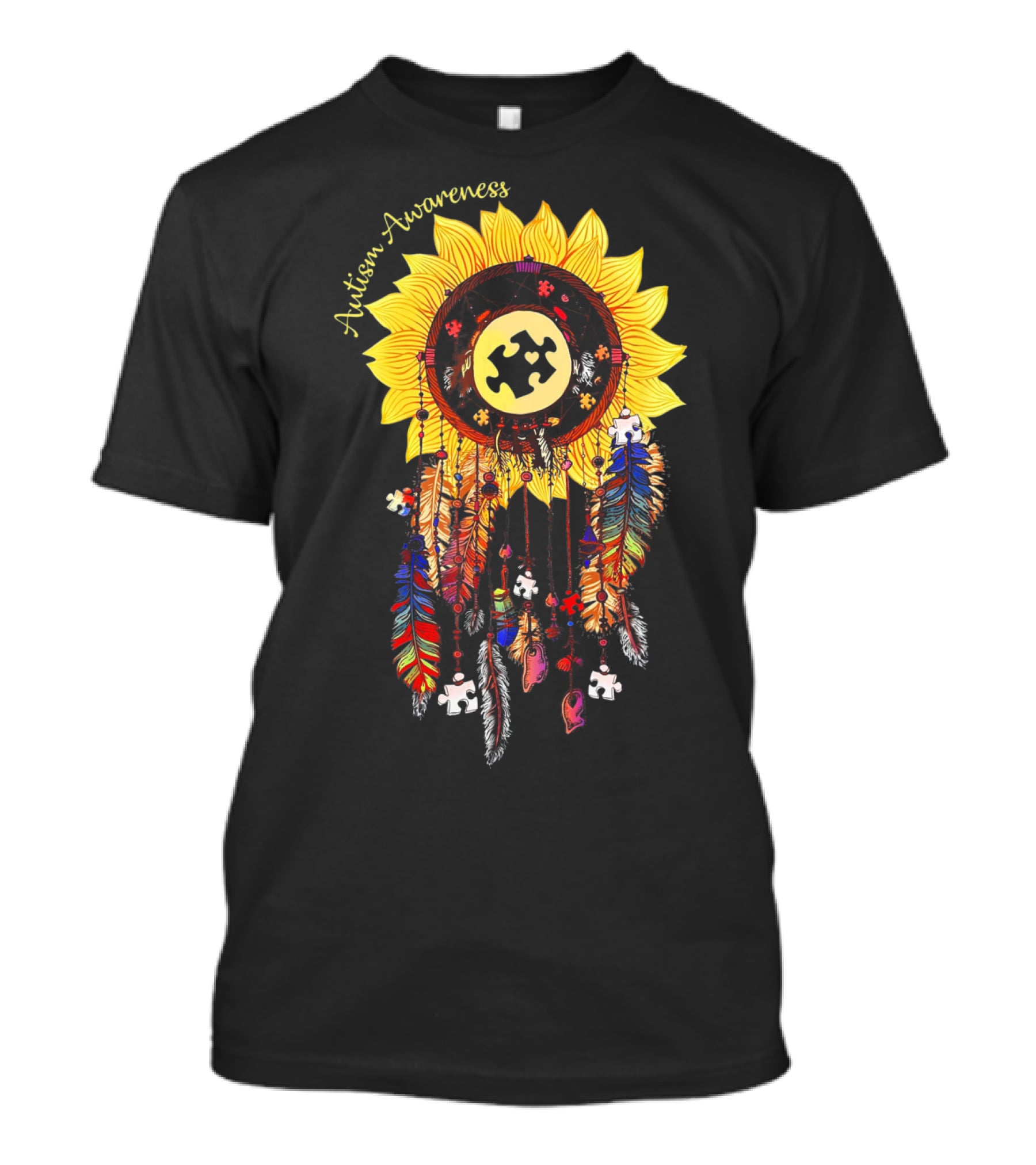 Autism Awareness Sunflower Puzzle Dreamcatcher Feathers T-Shirt