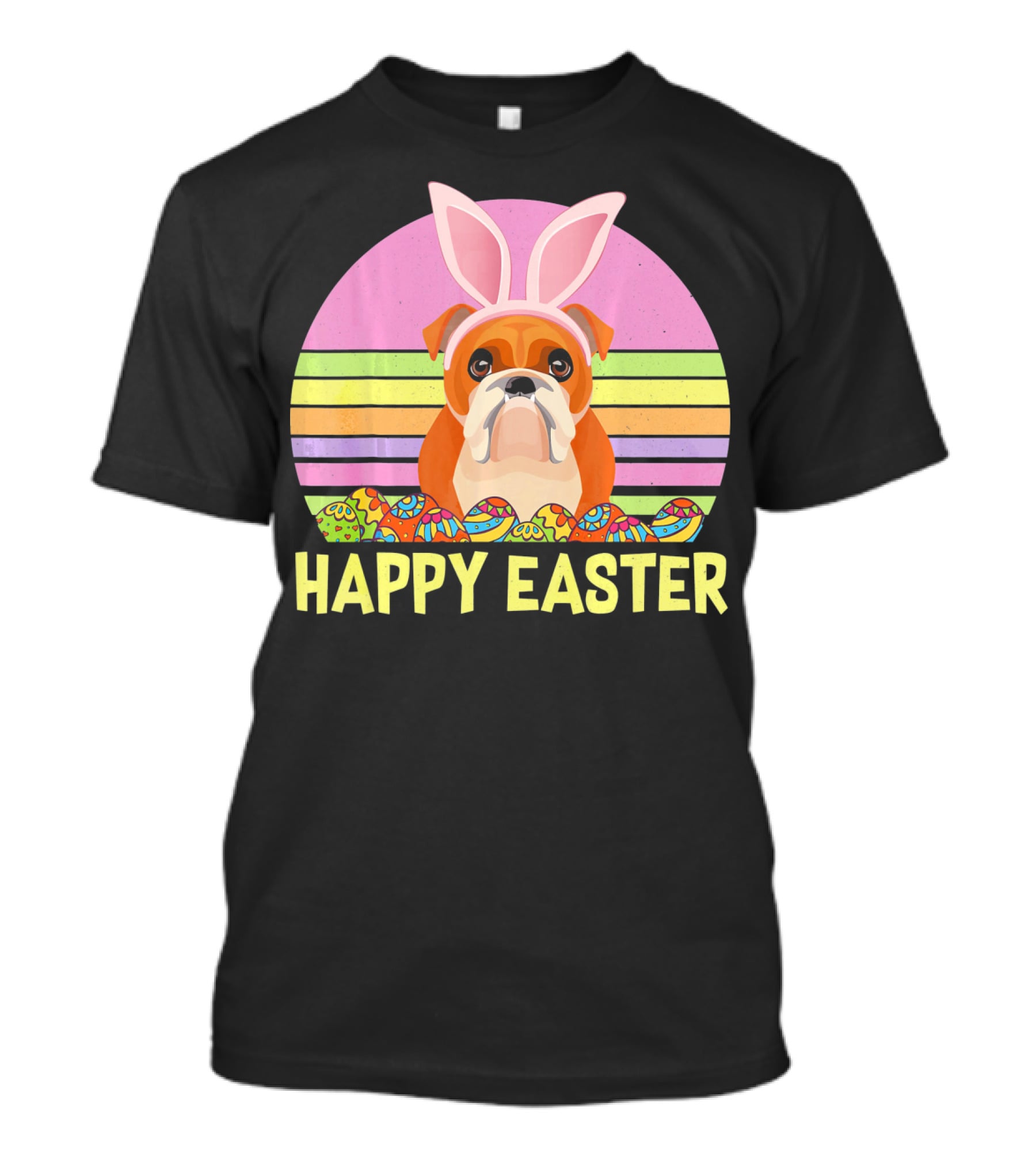 Happy Easter Day British Bulldog Bunny Ears Rainbow Eggs Retro T-Shirt
