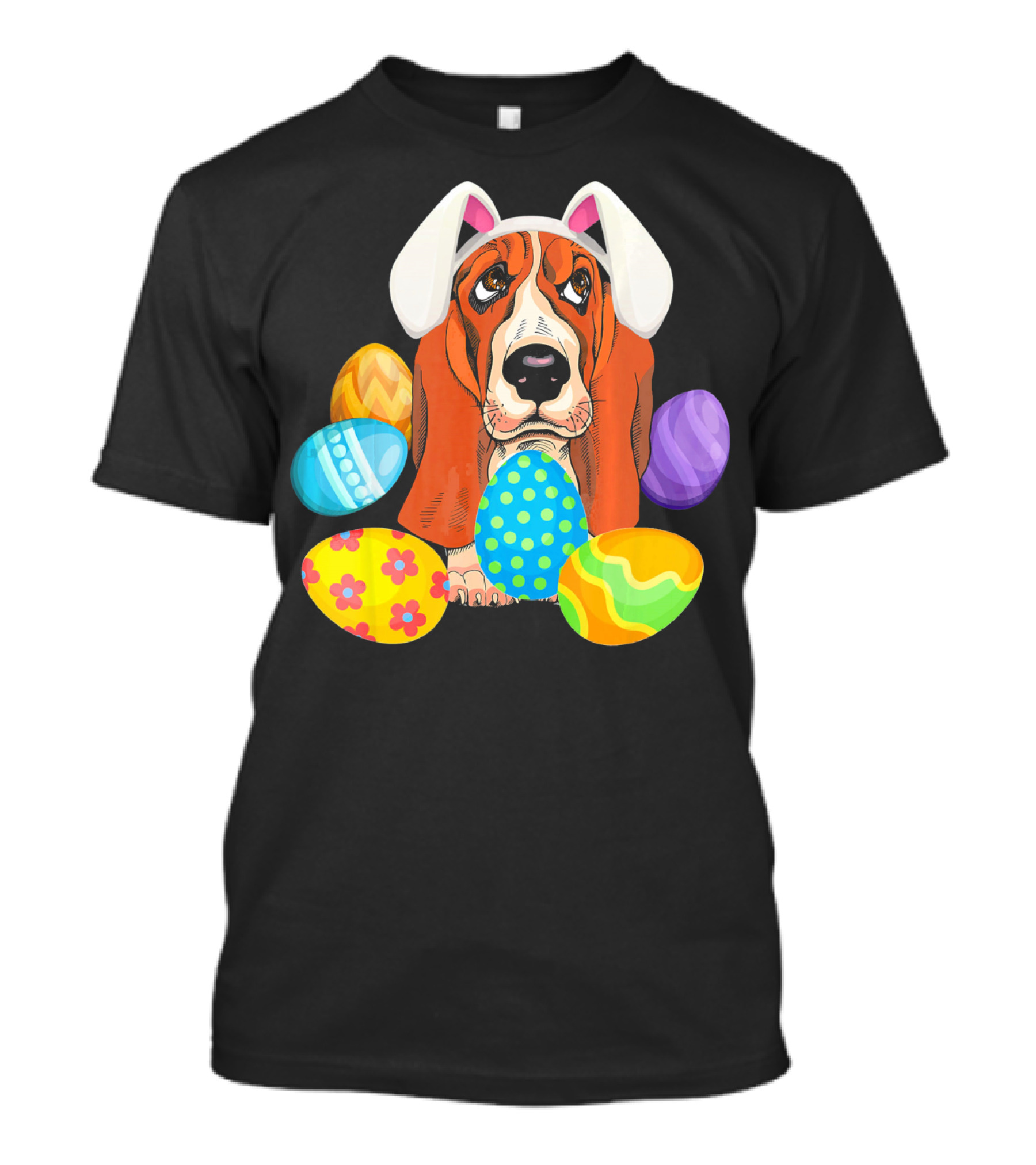 Basset Hound Bunny Rabbit Hat Easter Eggs Playful Scene T-Shirt