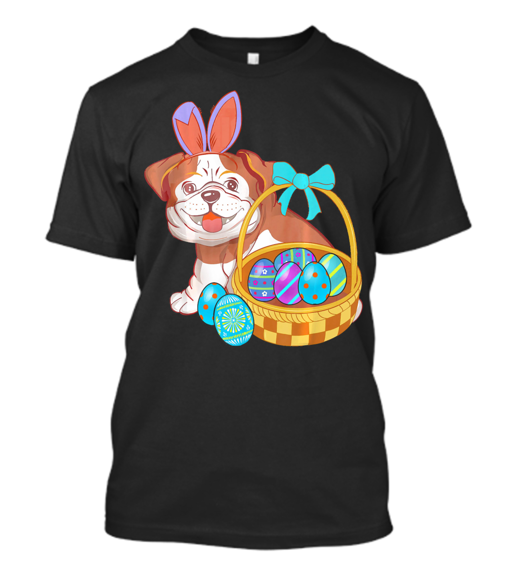 Easter Bulldog Holiday Bunny Ears With Easter Egg Basket T-Shirt