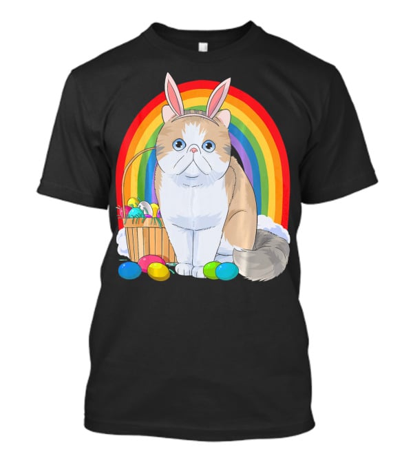 Exotic Shorthair Cat Bunny With Easter Eggs In Front Of Rainbow T-Shirt