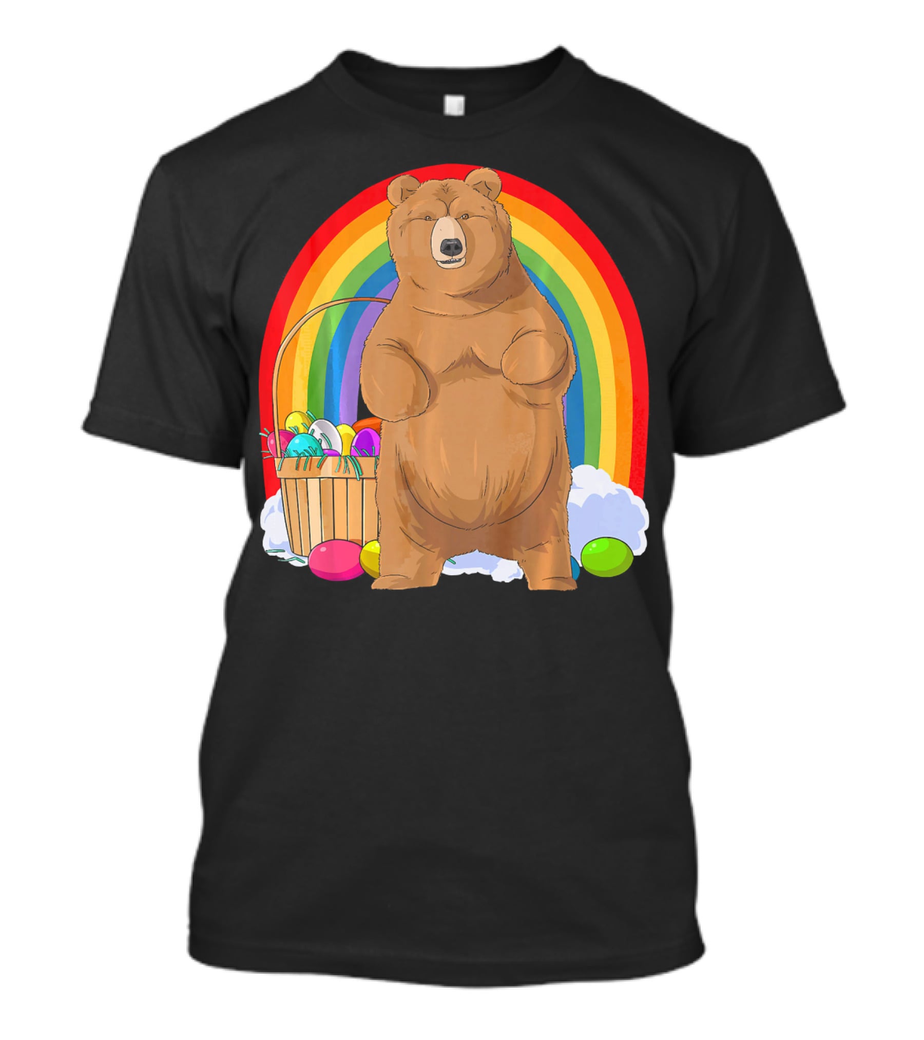 Bear With Easter Egg Basket And Rainbow Background T-Shirt