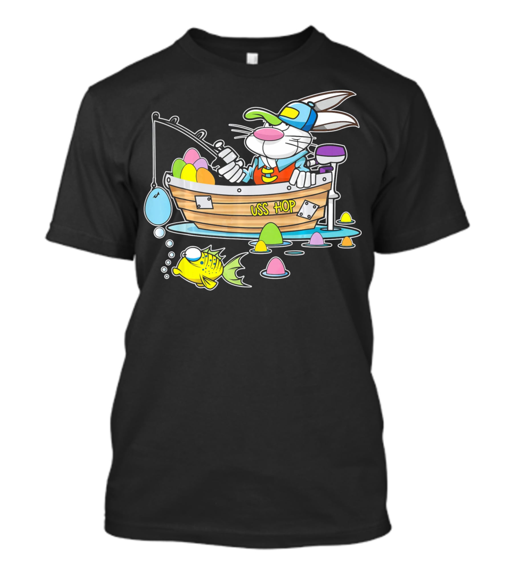 Fun Easter Bunny Fishing USS Hop With Eggs And Colorful Fish T-Shirt