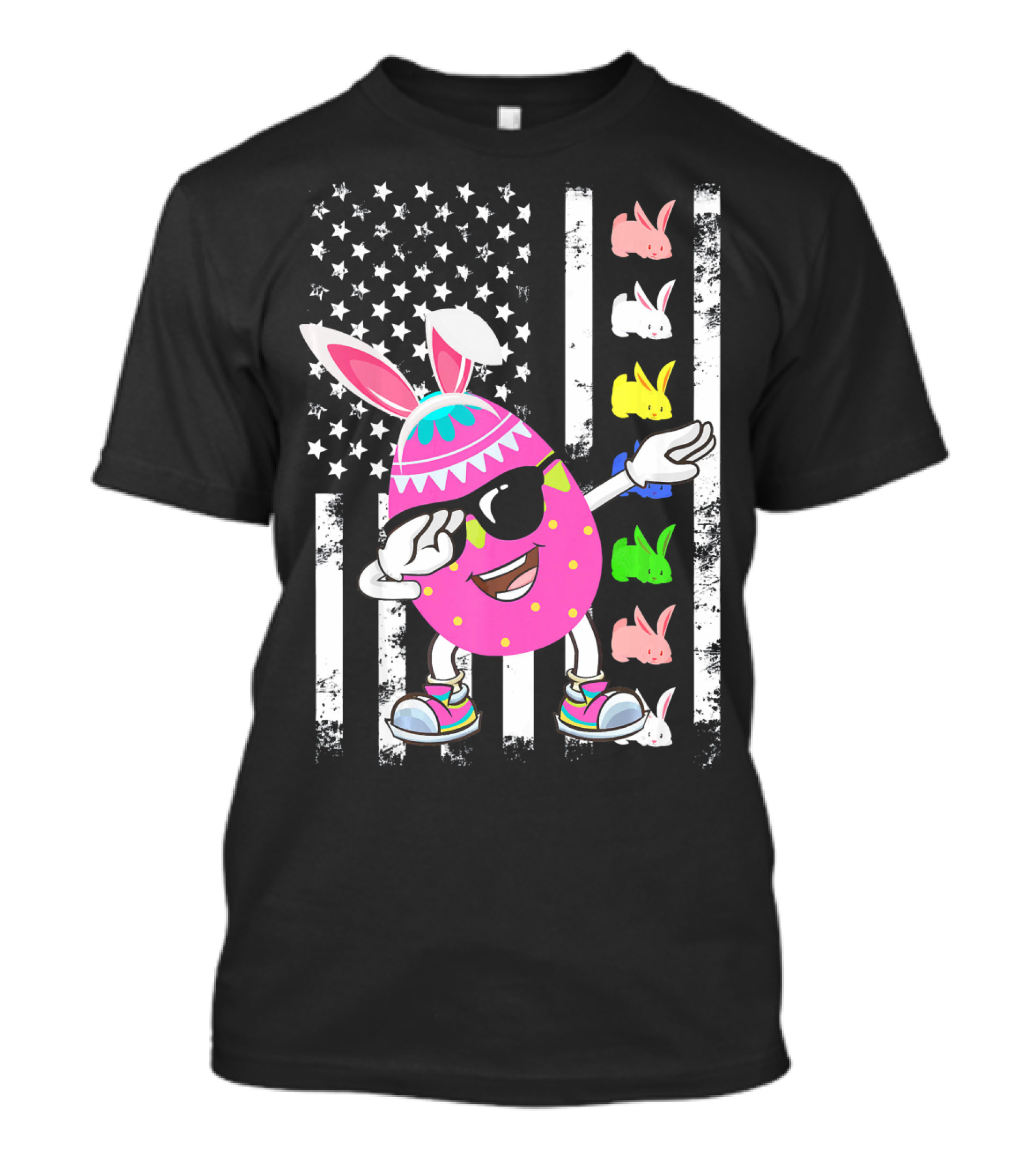 Dabbing Easter Egg Rabbit With American Flag And Bunny Icons T-Shirt