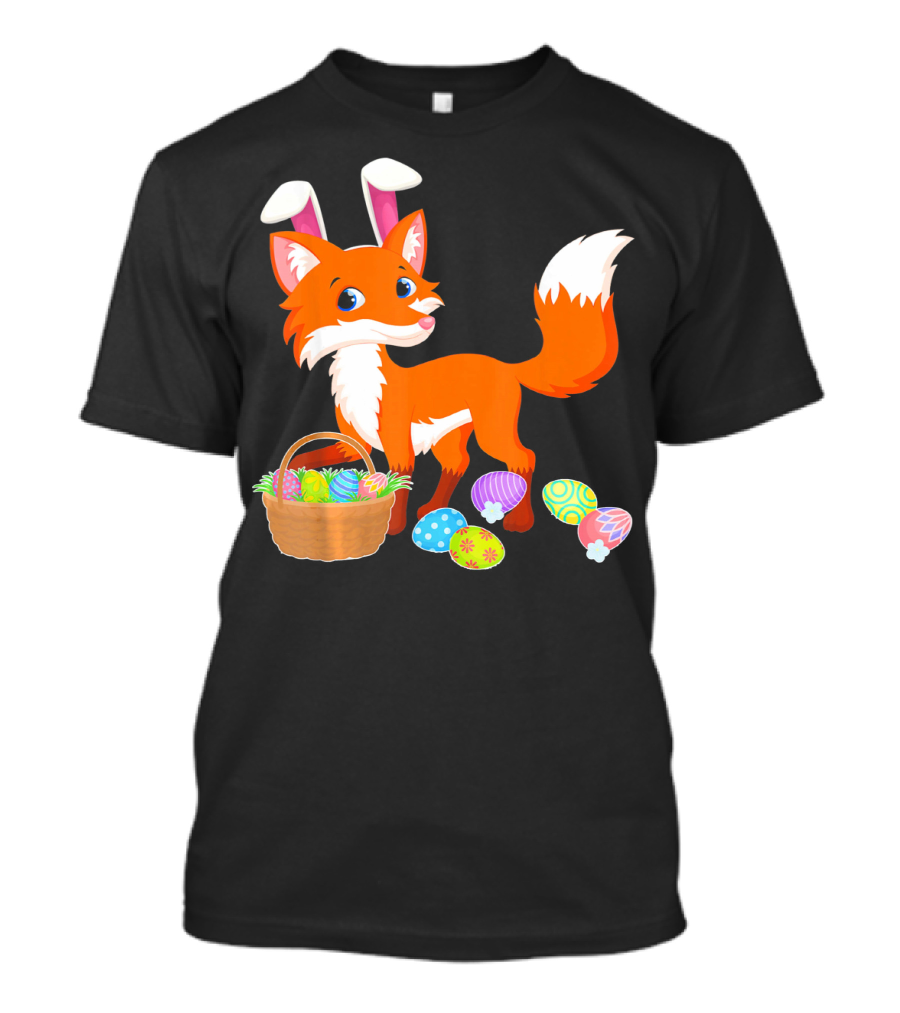 Happy Fox Easter Bunny Ears With Colorful Eggs Basket T-Shirt
