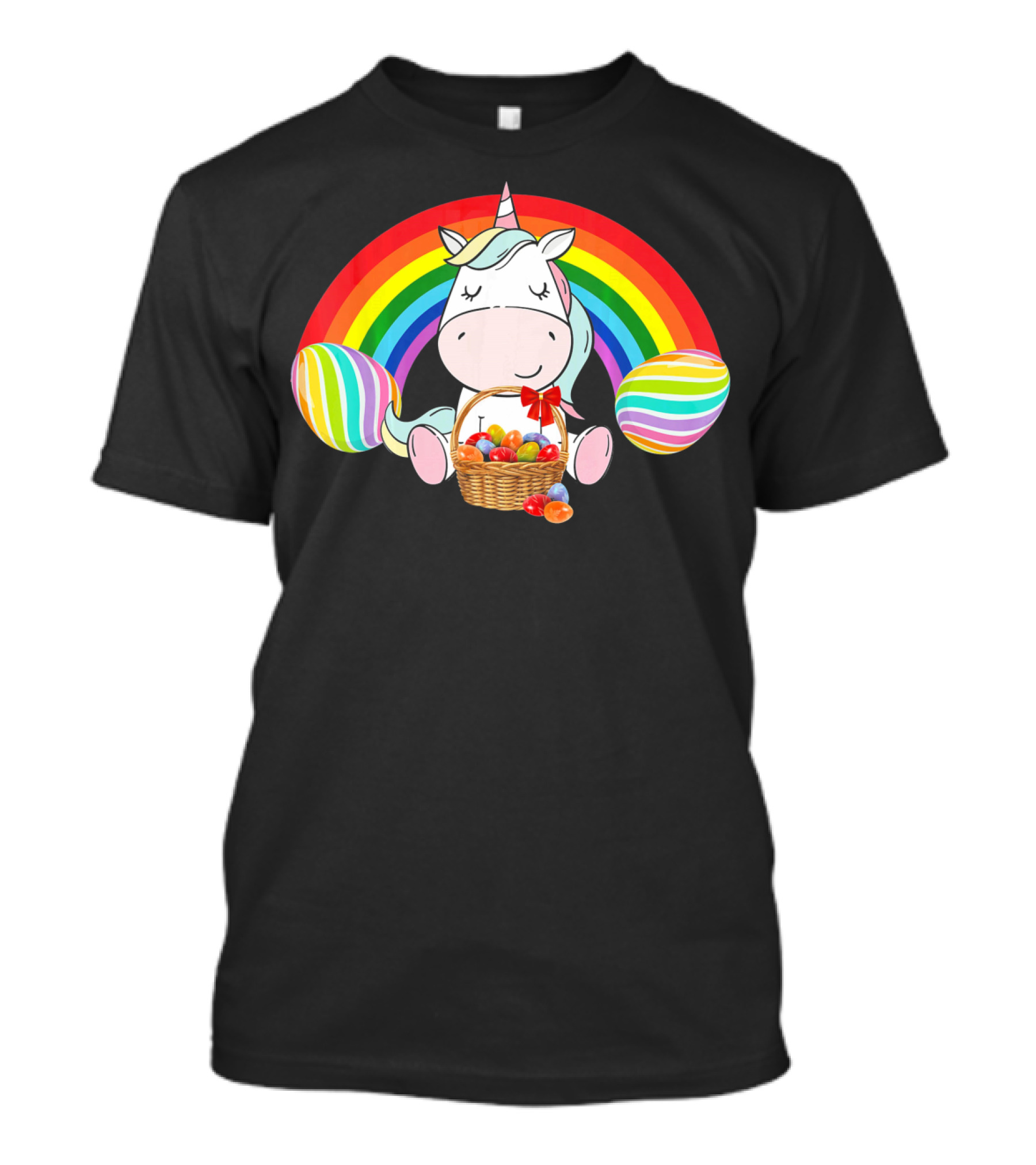Unicorn Easter With Rainbow And Basket Of Eggs T-Shirt
