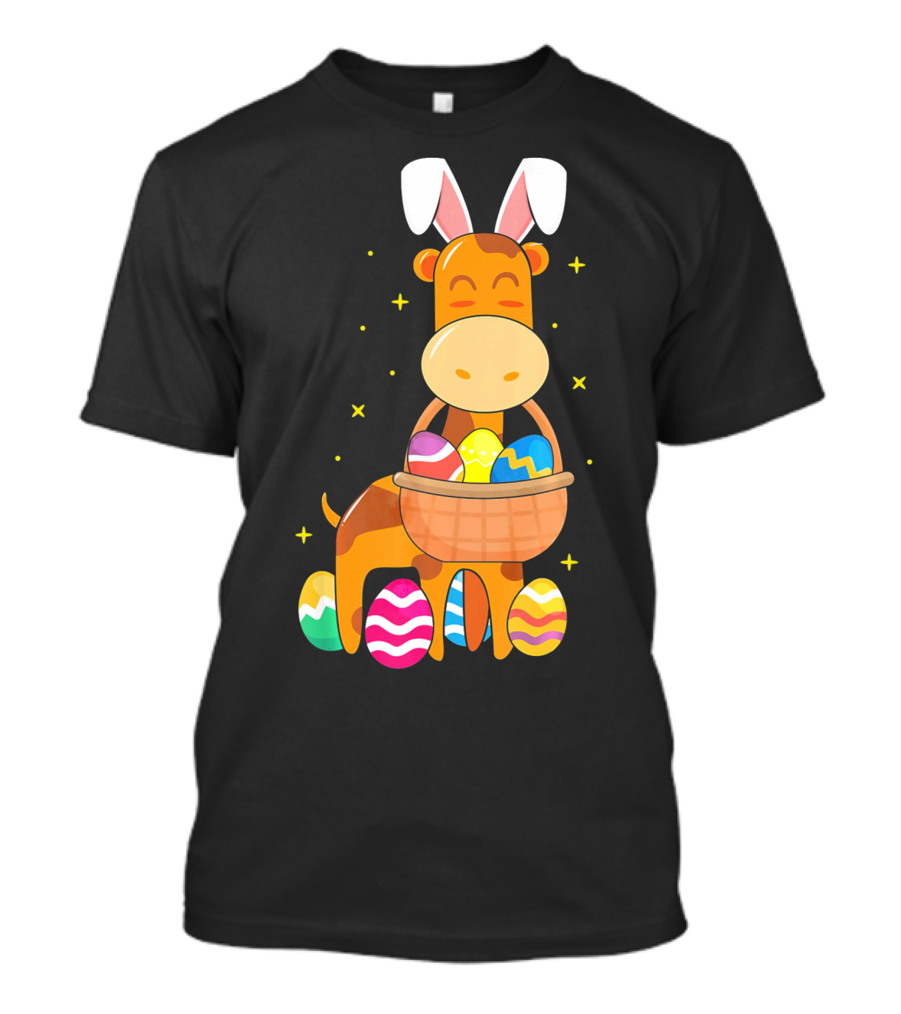 Giraffe Easter Egg Bunny Holding Basket Of Colorful Eggs And Wearing Bunny Ears T-Shirt