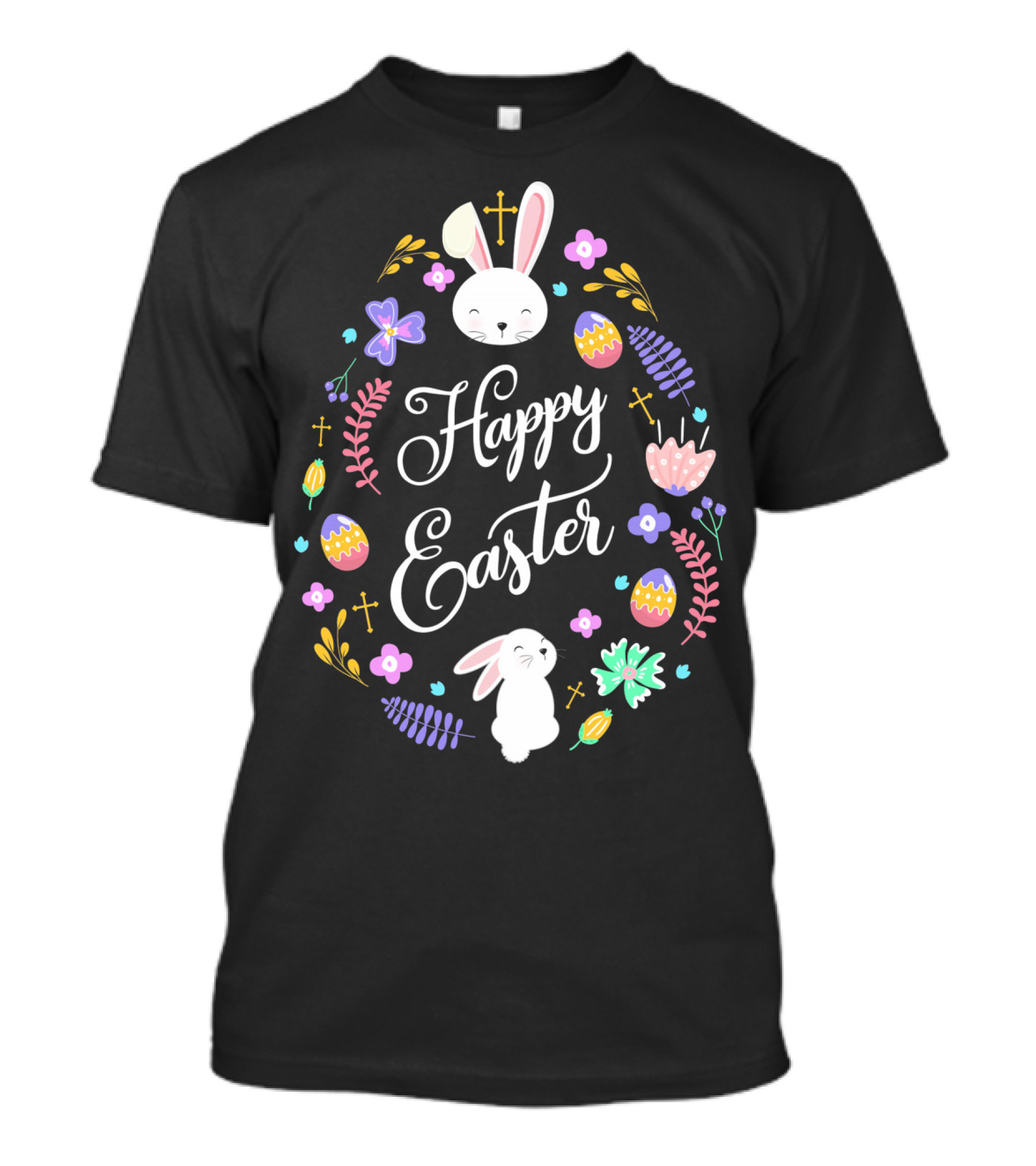 Happy Easter Christian Bunny Eggs Flowers Crosses T-Shirt