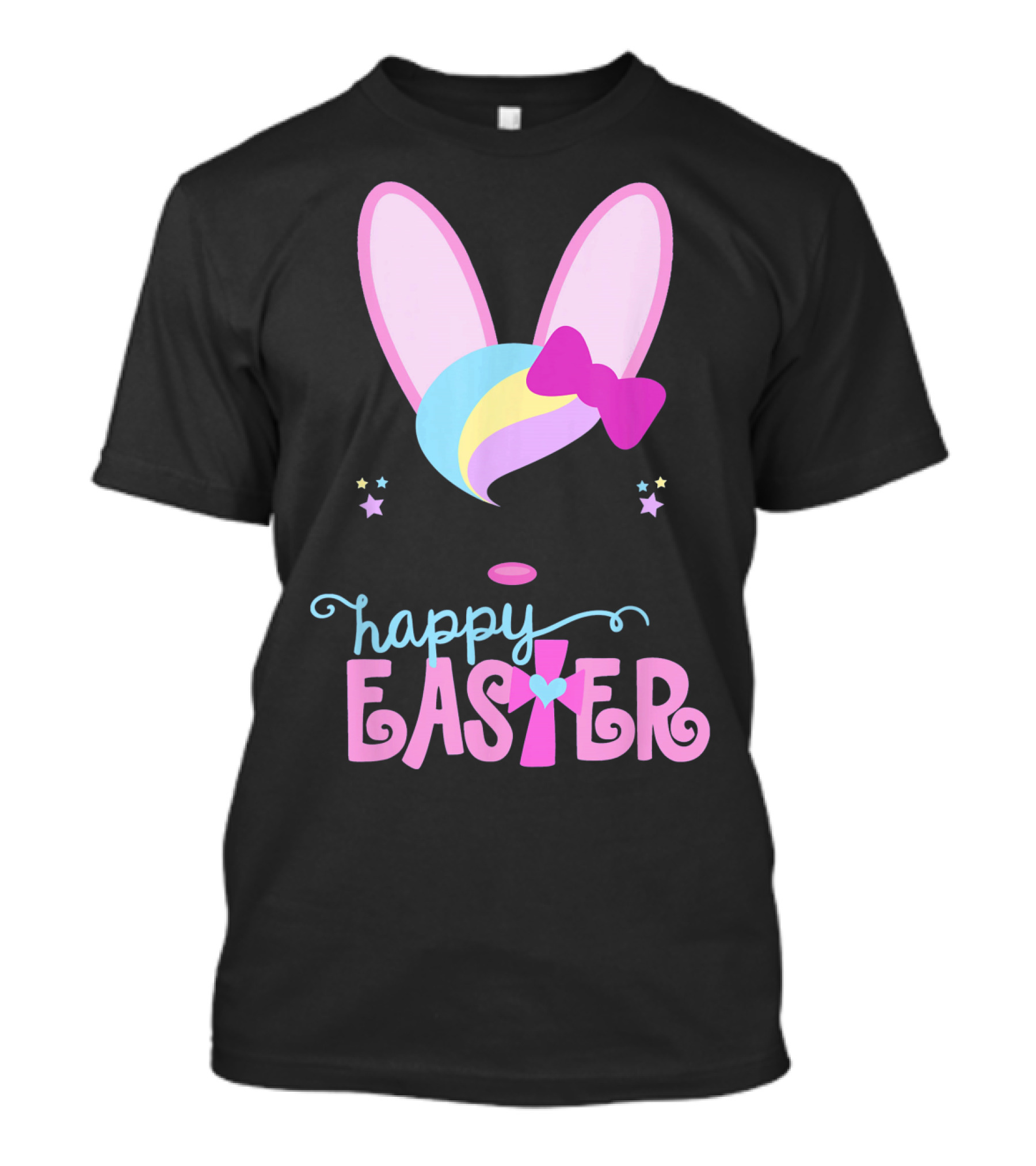 HAPPY EASTER Bunny Face Girls Bow Stars Colorful Ears T-Shirt