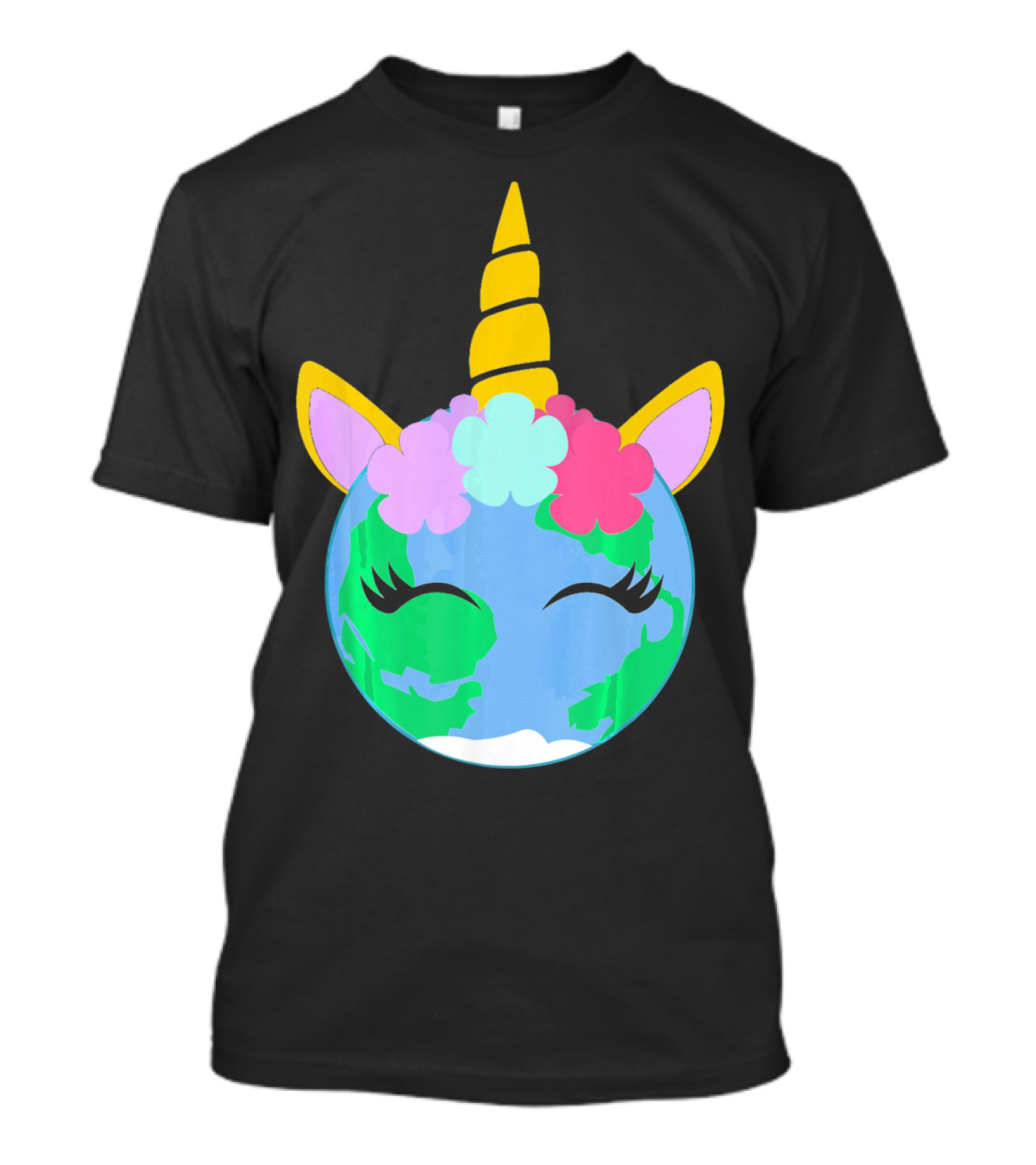 Unicorn Earth Cute Unicorn Face Earth With Flowers And Horn T-Shirt