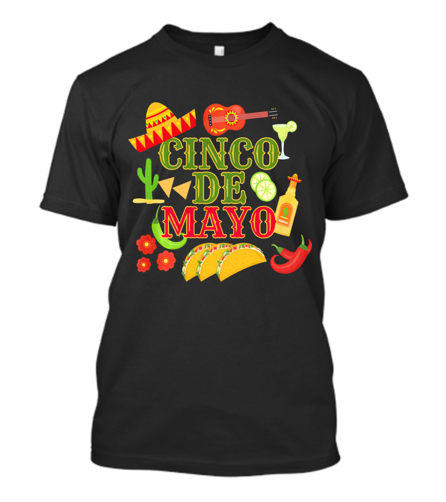 Cinco De Mayo Party Sombrero Guitar Margarita Hot Sauce Tacos Peppers T-Shirt