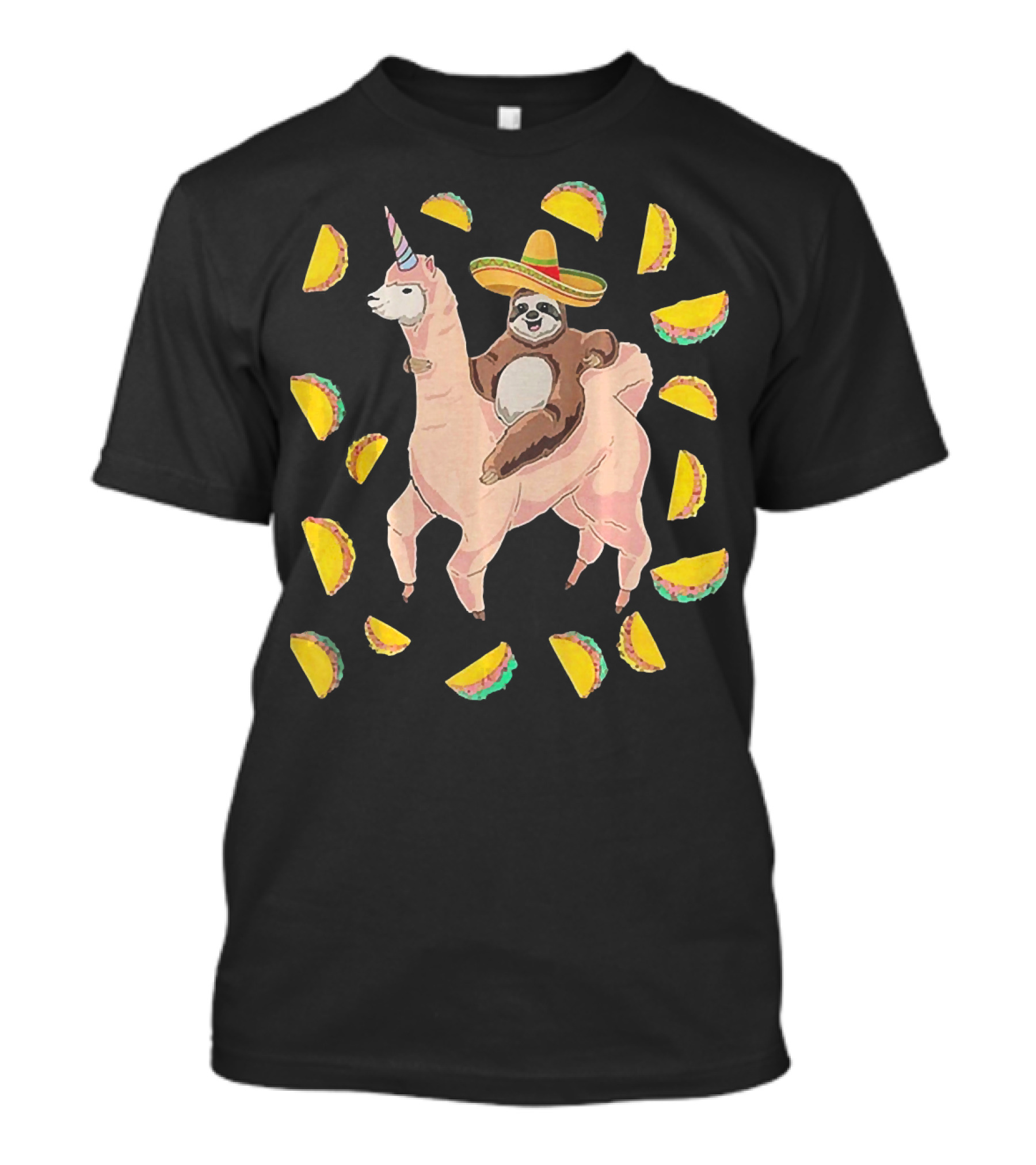 Cinco De Mayo Llamacorn With Sombrero-Wearing Sloth Surrounded By Tacos T-Shirt