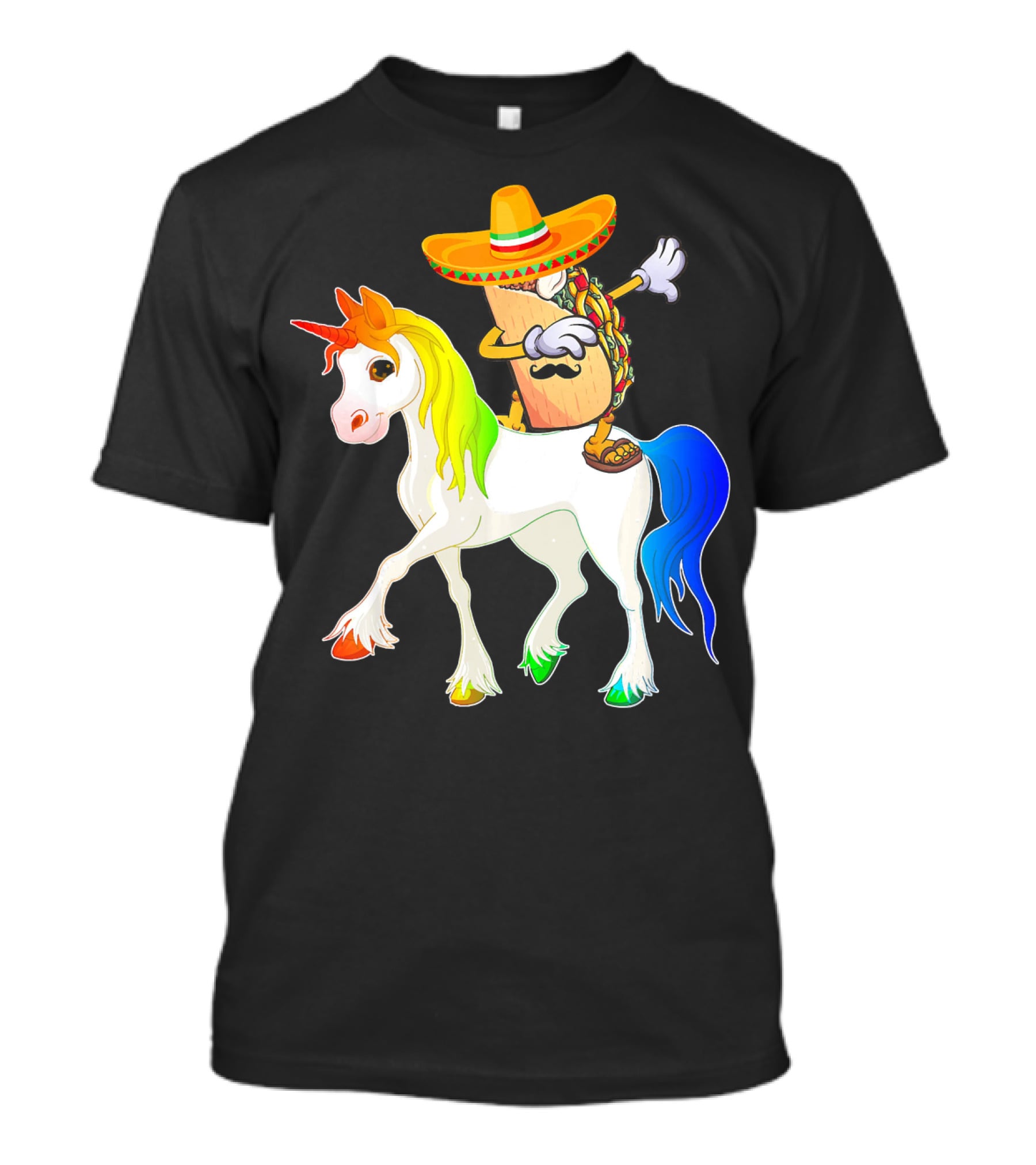 Dabbing Taco Sombrero With Mustache Riding Colorful Unicorn Fun T-Shirt