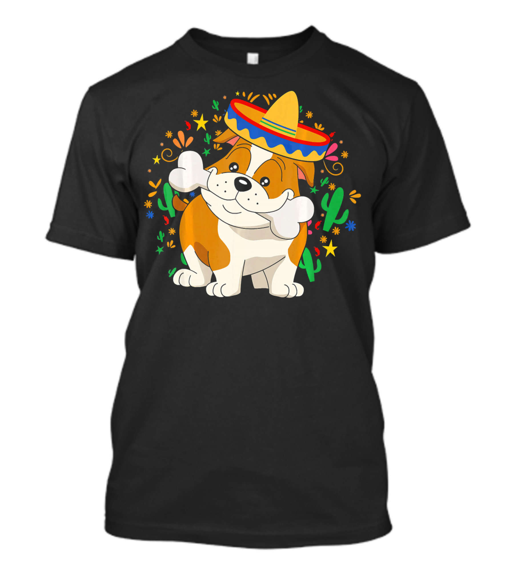 Bulldog Puppy In Sombrero With Bone And Cactus Cinco De Mayo T-Shirt