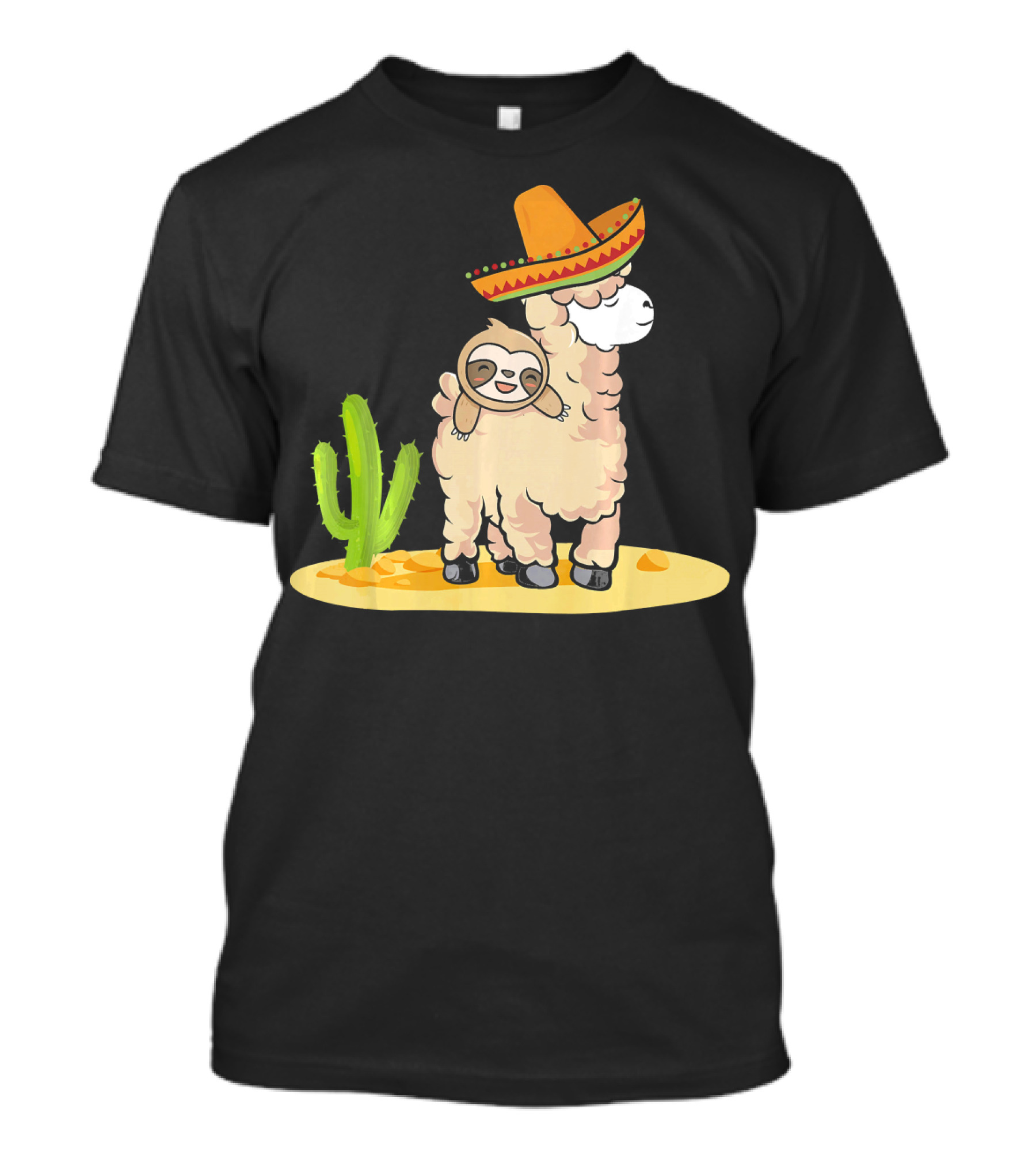 Cinco De Mayo Mexican Llama Sloth Riding Sombrero Cactus Desert Scene T-Shirt