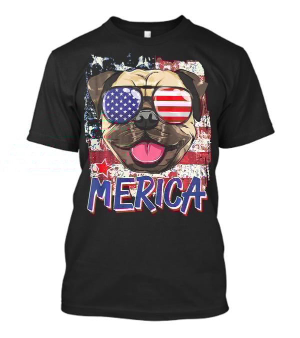 American Flag Pug Dog Merica Sunglasses USA T-Shirt