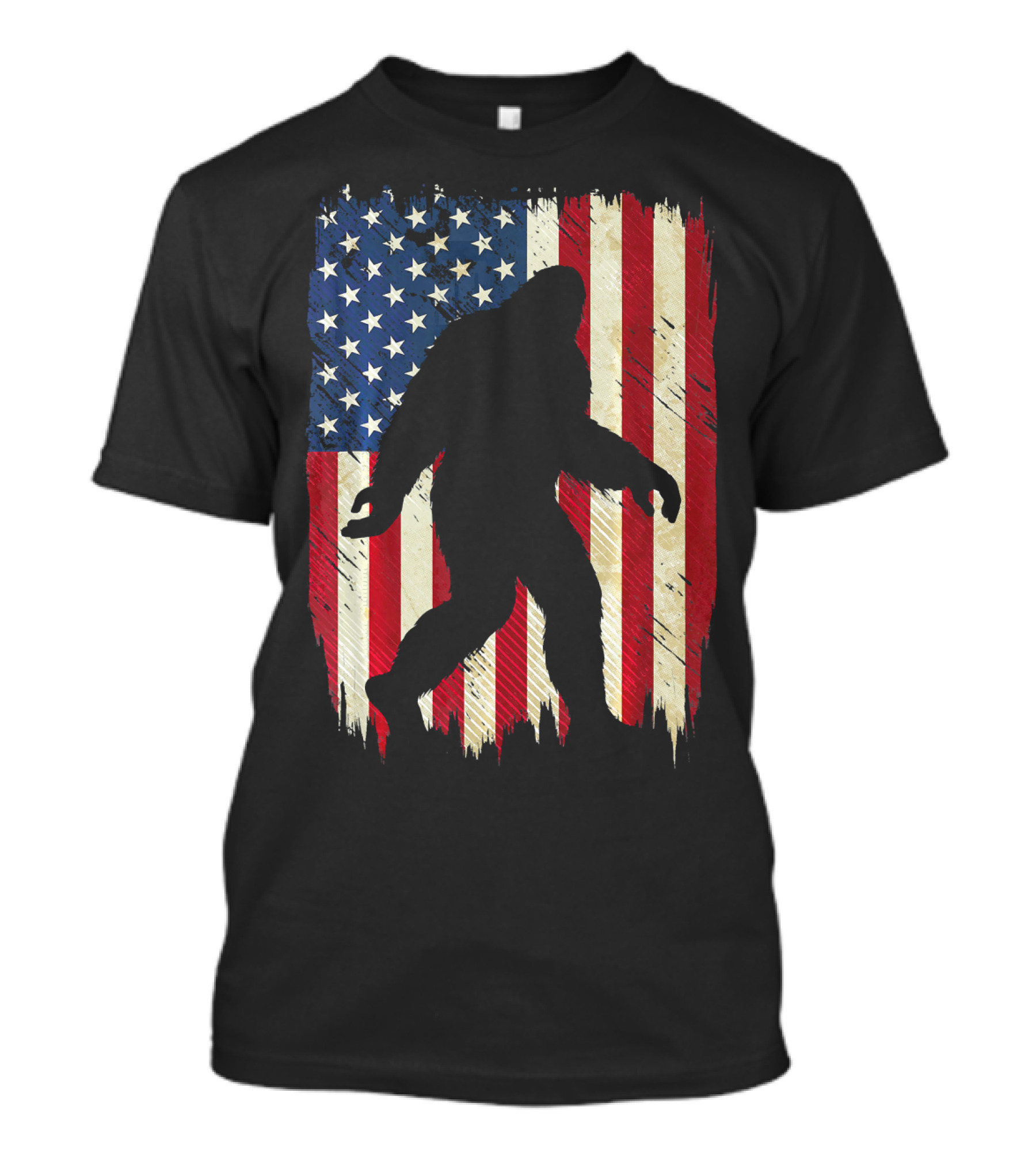 Bigfoot Sasquatch Silhouette Over American Flag USA T-Shirt