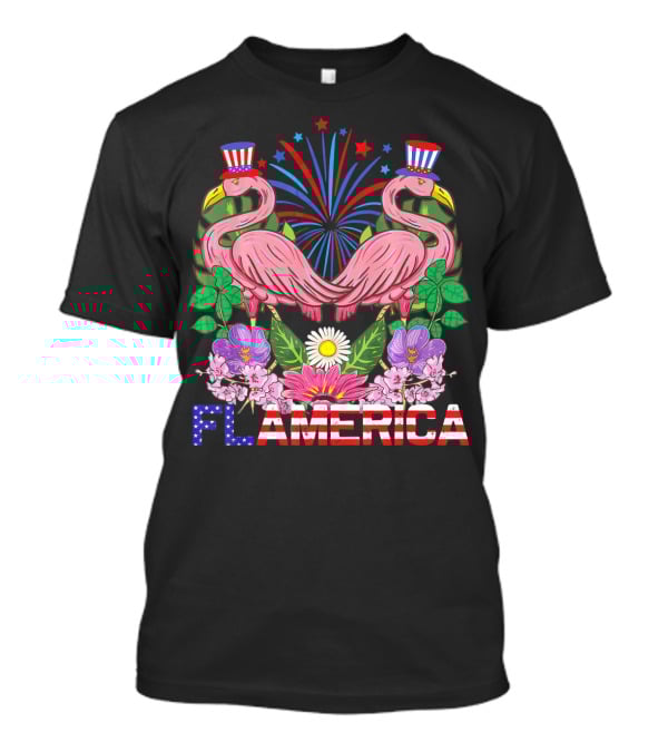 Flamerica Flamingo Fireworks Uncle Sam Hat Botanical T-Shirt