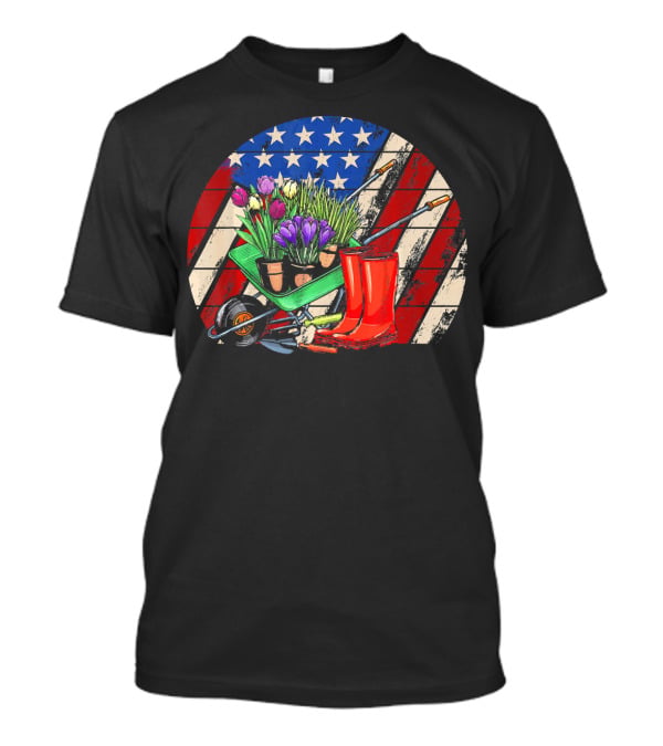 Vintage American Flag Gardening Scene With Wheelbarrow And Red Boots T-Shirt