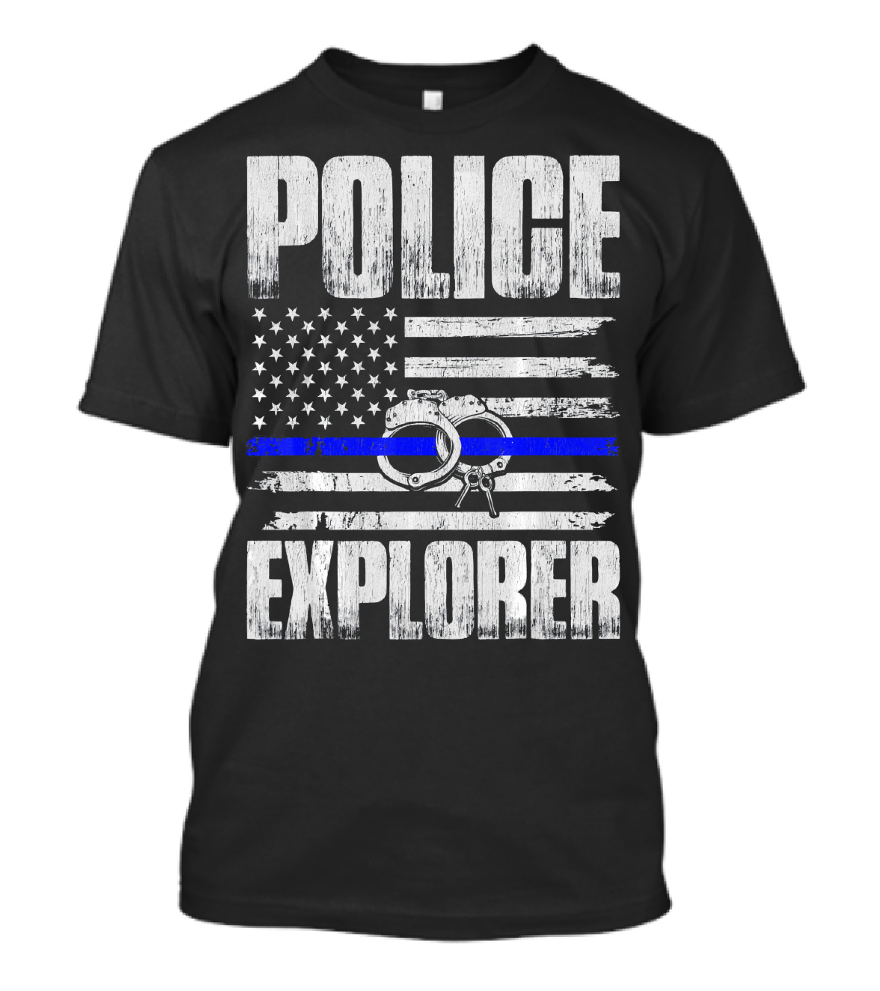 Police Explorer American Flag Handcuffs Thin Blue Line T-Shirt