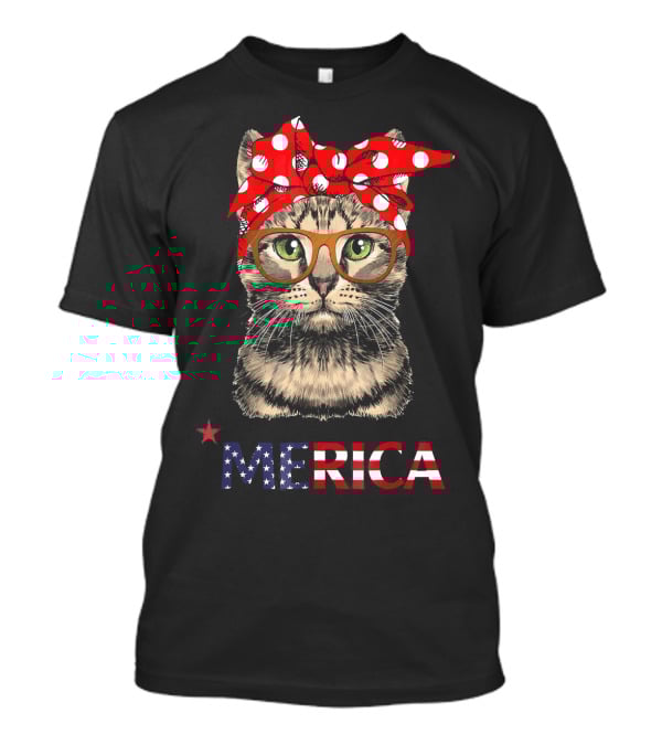 Merica Cat Red Bandana USA Flag Glasses T-Shirt