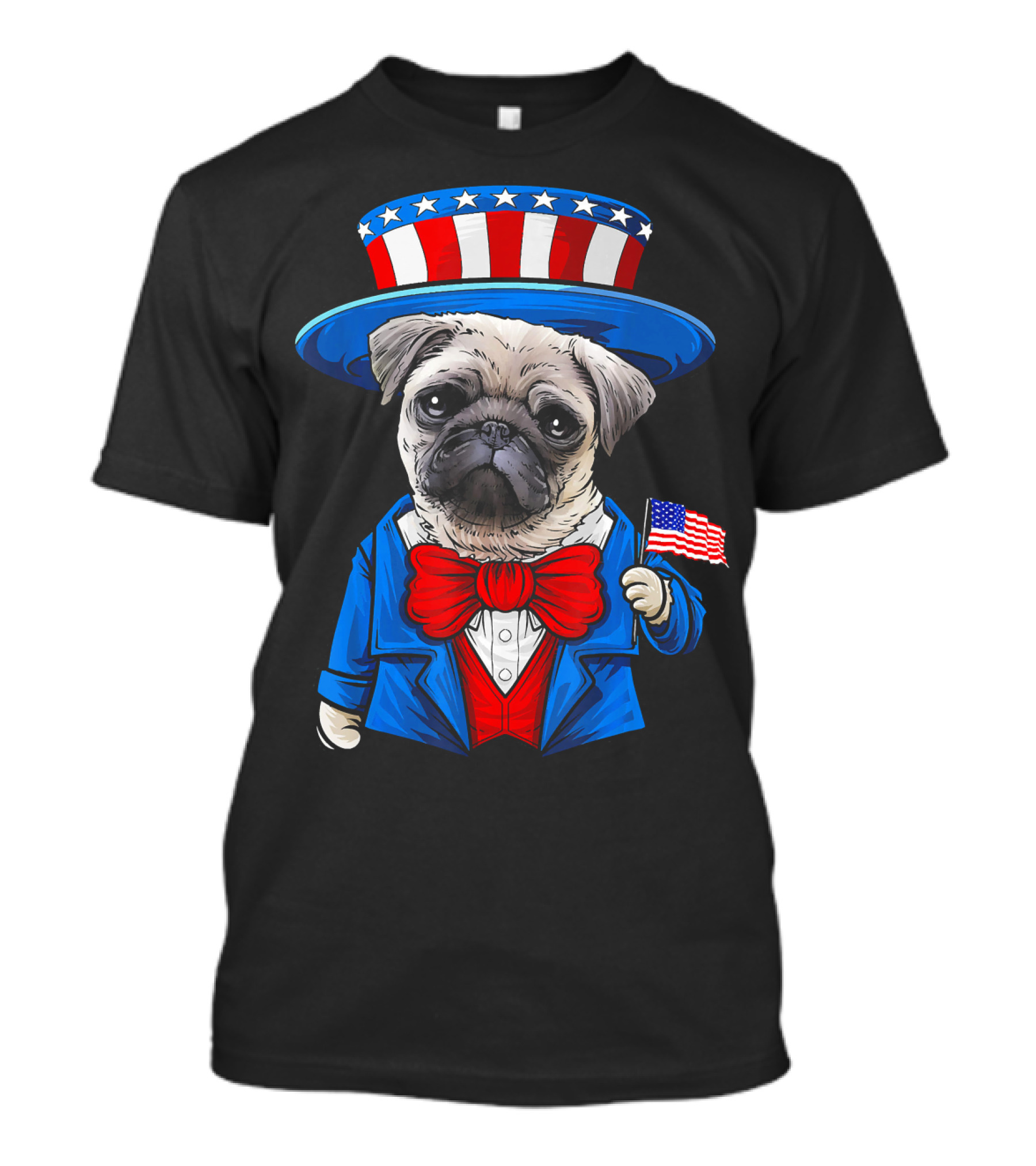 Uncle Sam Pug Holding American Flag Fourth Of July Dog Humor T-Shirt