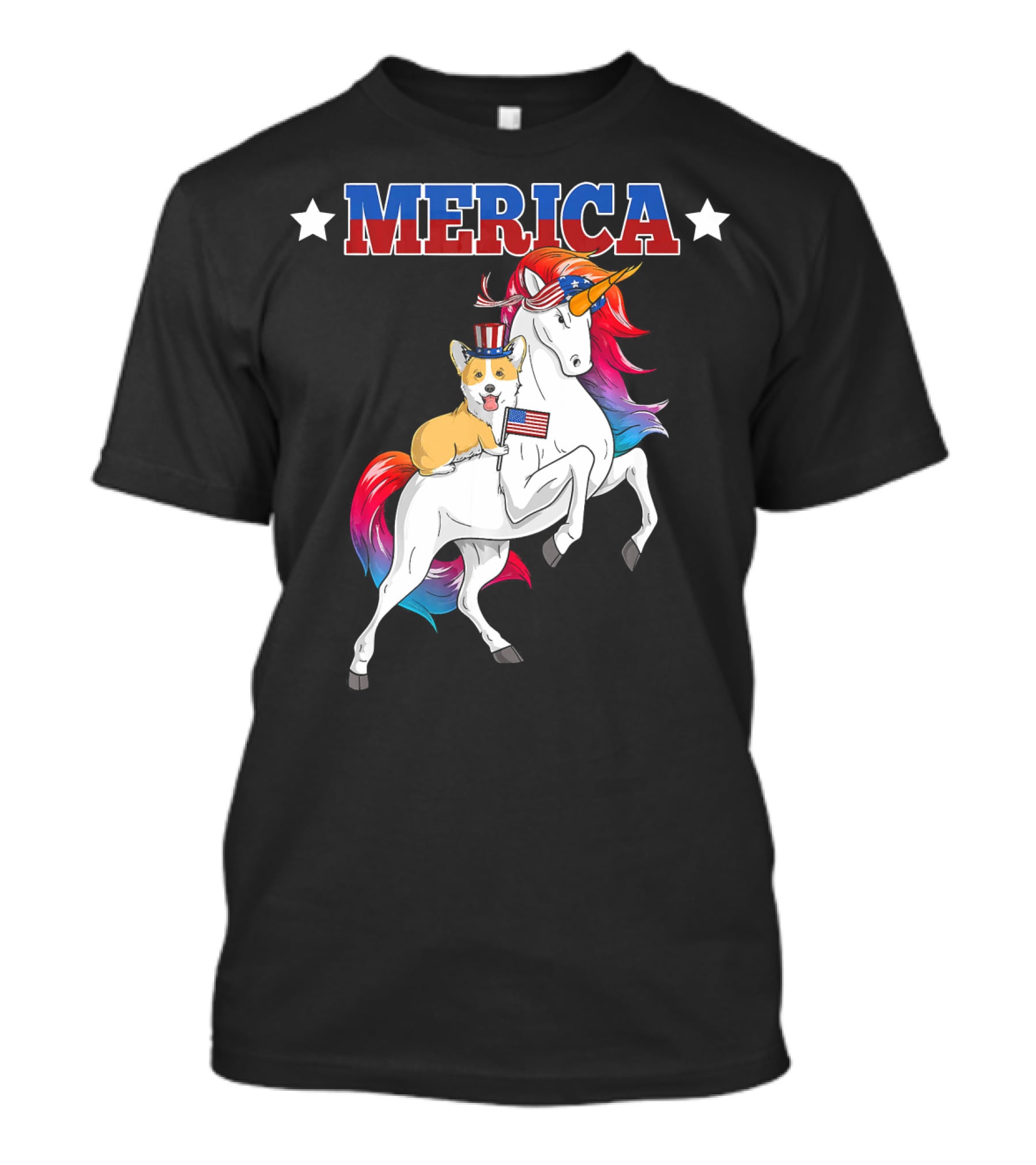 MERICA Corgi Dog Riding Unicorn With American Flag USA T-Shirt