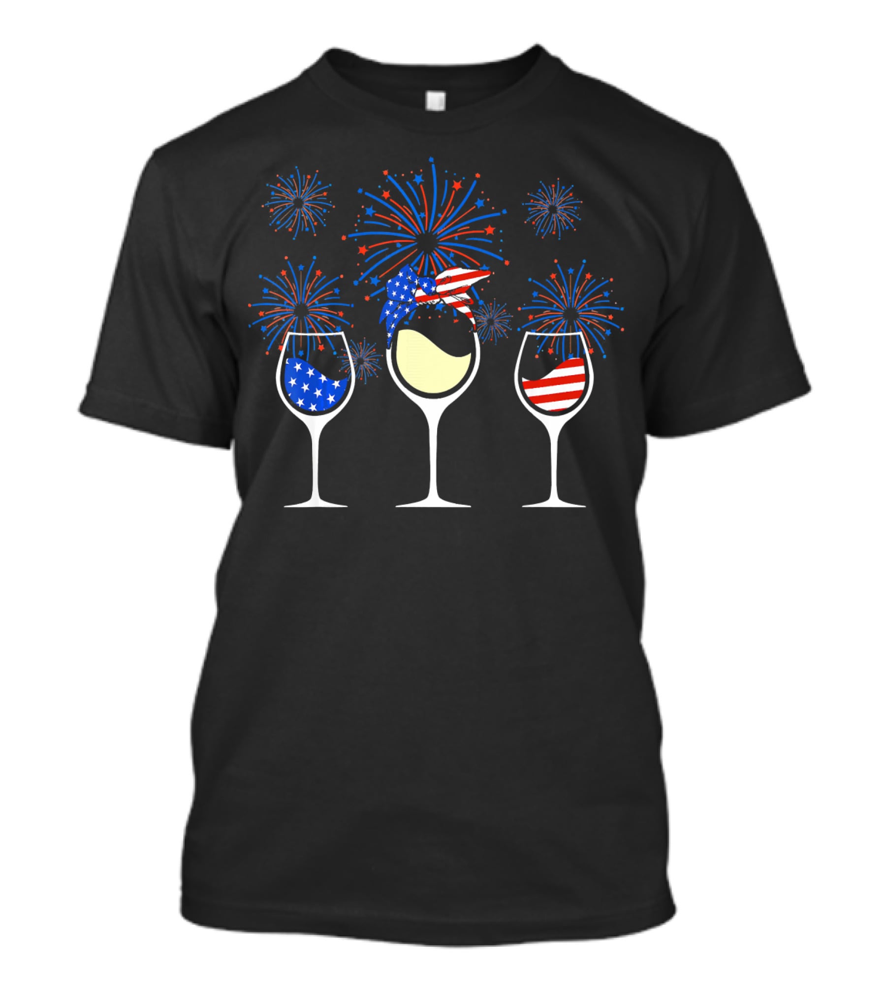 Patriotic Red White Blue Wine Glasses With Fireworks T-Shirt