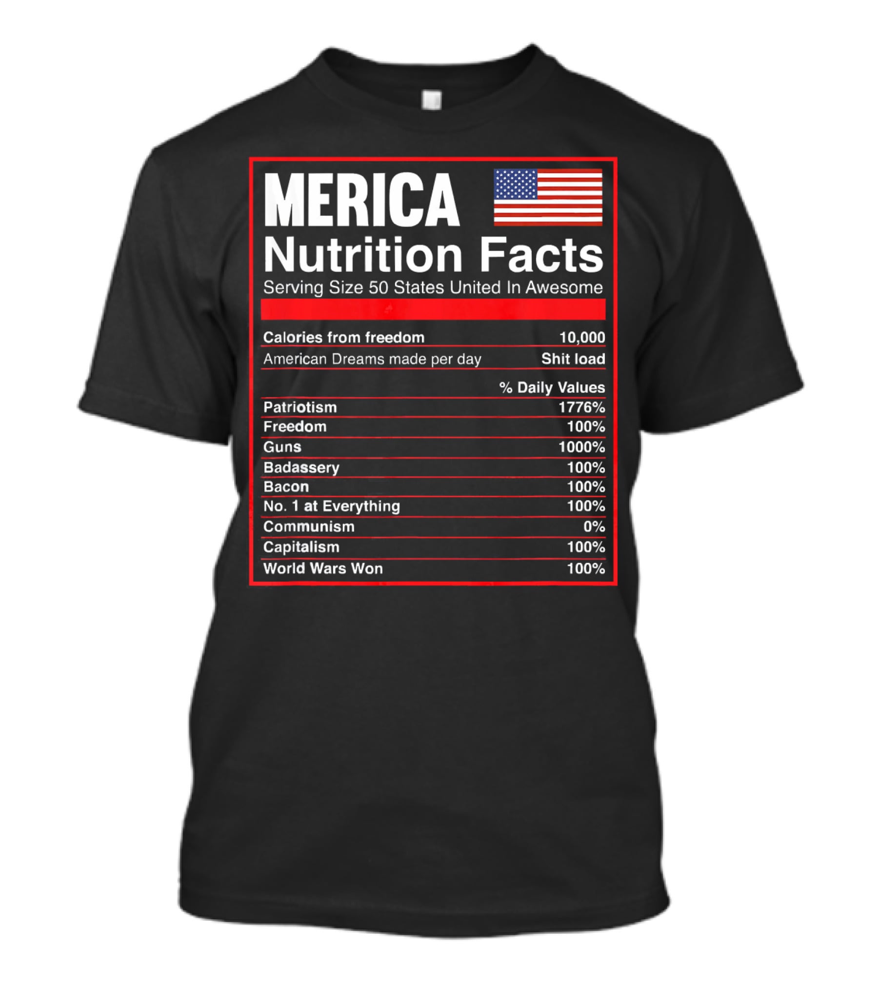 Merica Nutrition Facts American Flag Serving Size 50 States United In Awesome T-Shirt
