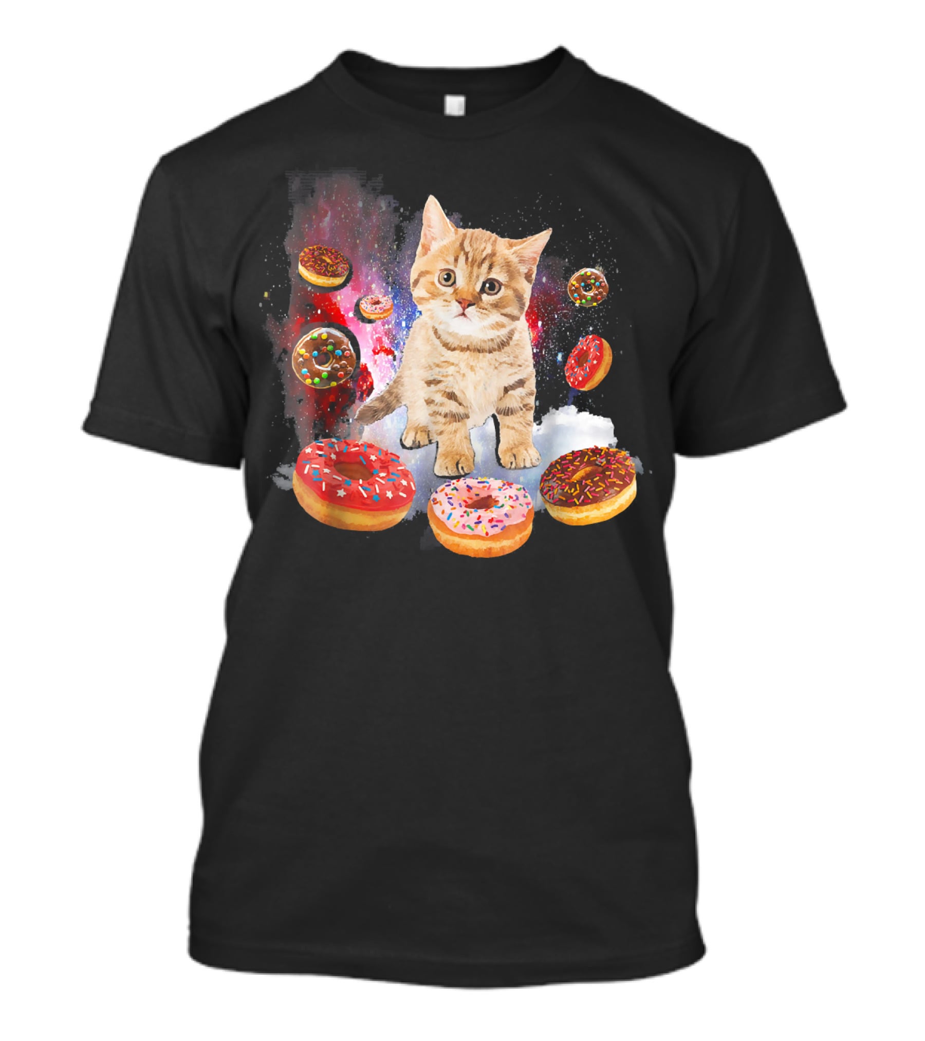 Cosmic Encounter With Cat Surrounded By Colorful Donuts In Space T-Shirt