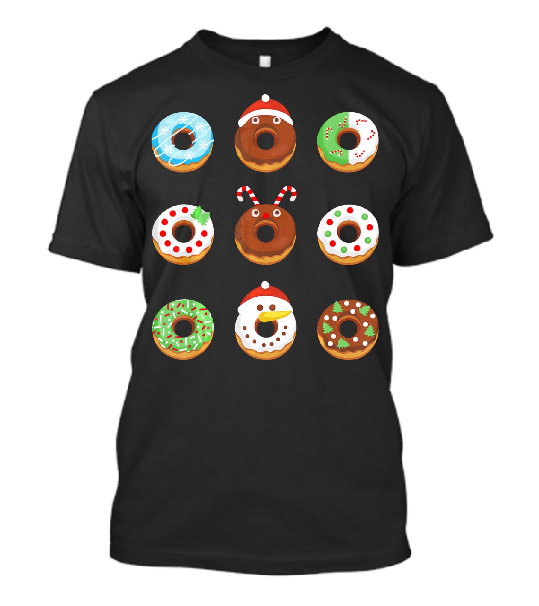 Christmas Donut Snowflakes Santa Candy Canes Holly Wreath Trees Snowman T-Shirt