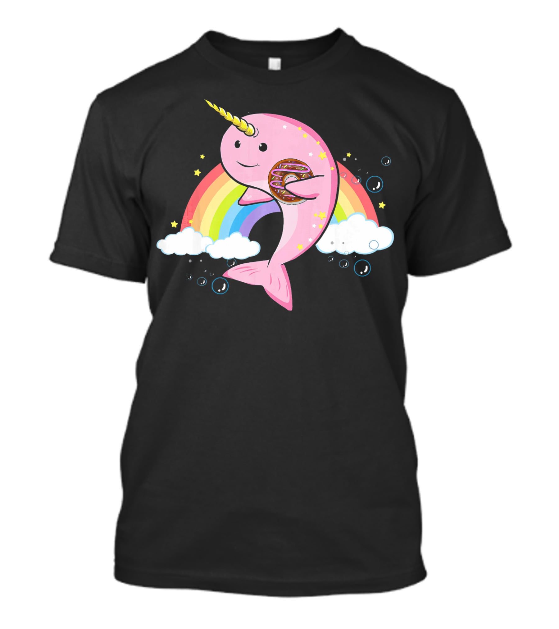 Funny Narwhal Unicorn Of The Sea With Donut On Rainbow Cloud T-Shirt