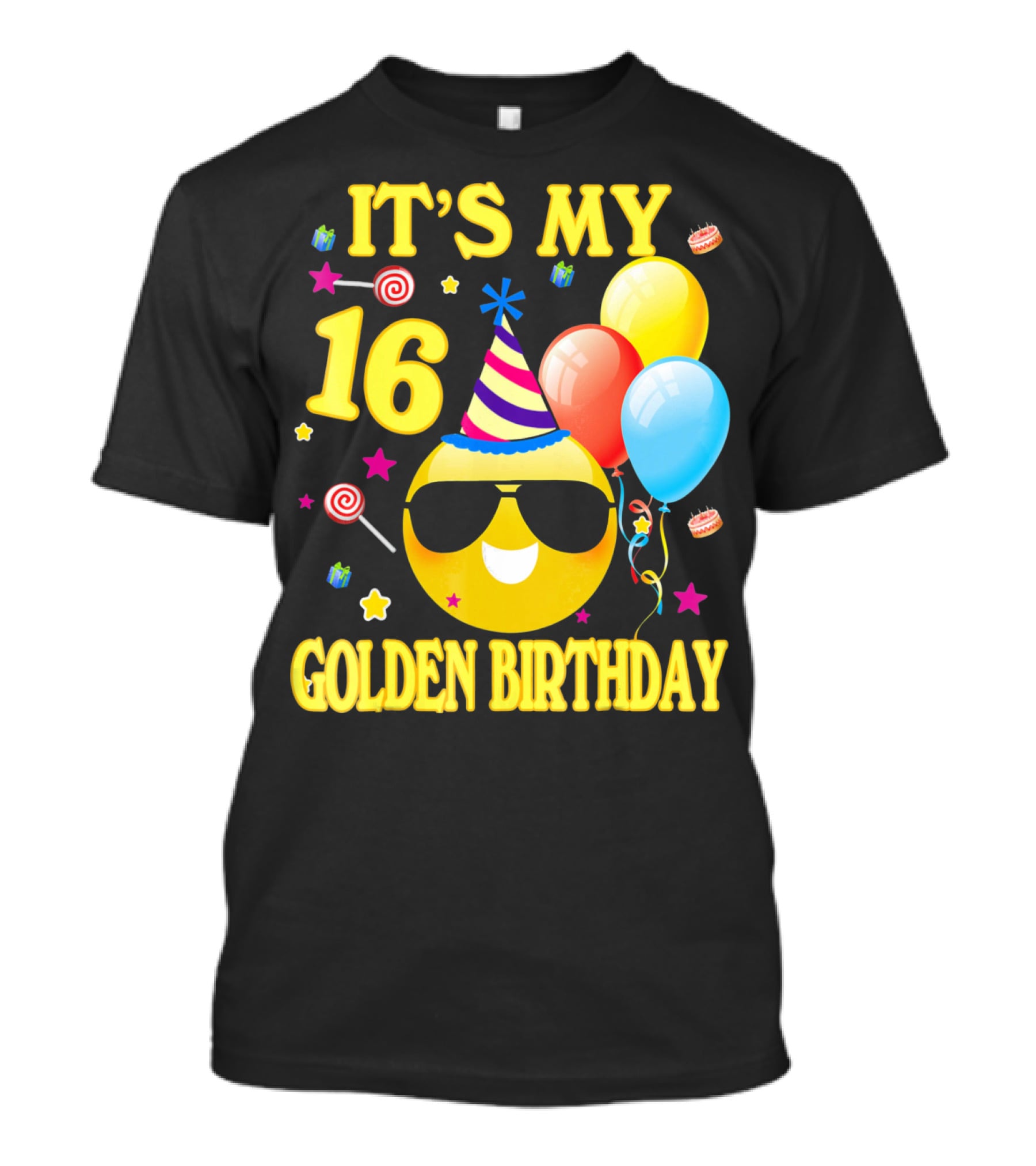 It's My 16 Golden Birthday Emoji Balloons Party Hat T-Shirt