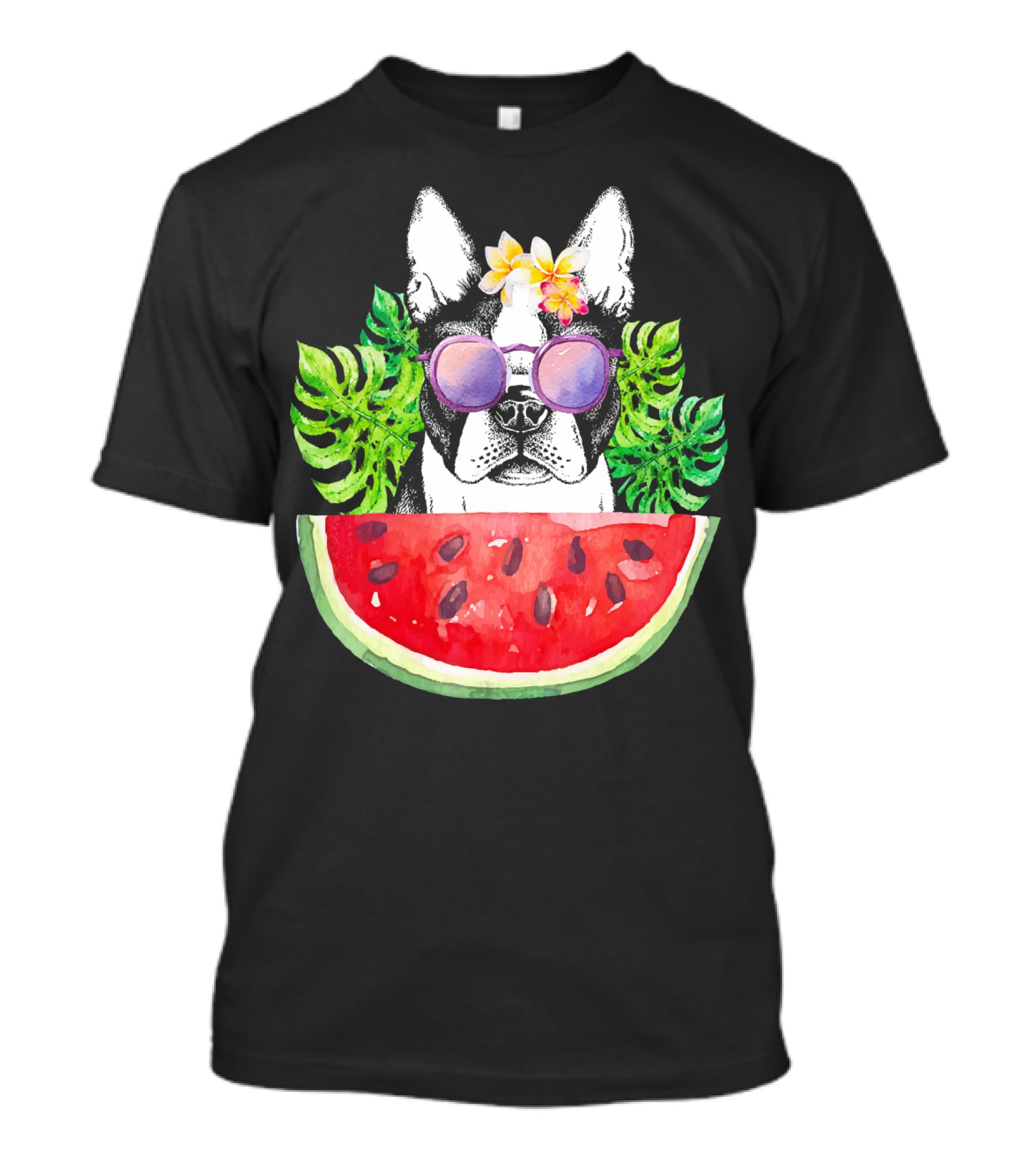 Funny Boston Terrier Love Summer Watermelon Sunglasses Tropical Vibes T-Shirt
