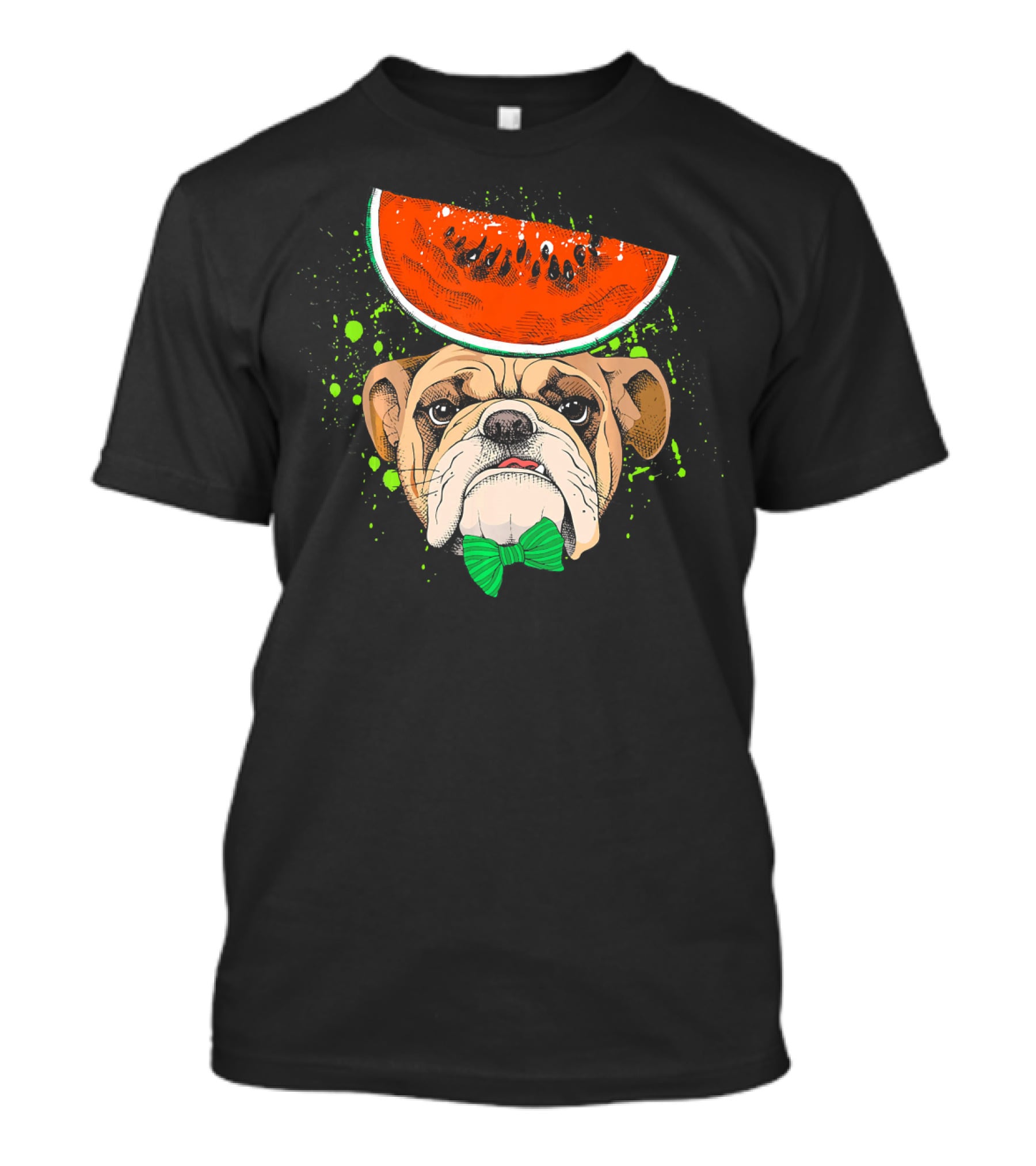 Bulldog Wearing Watermelon Hat With Green Bow Tie T-Shirt