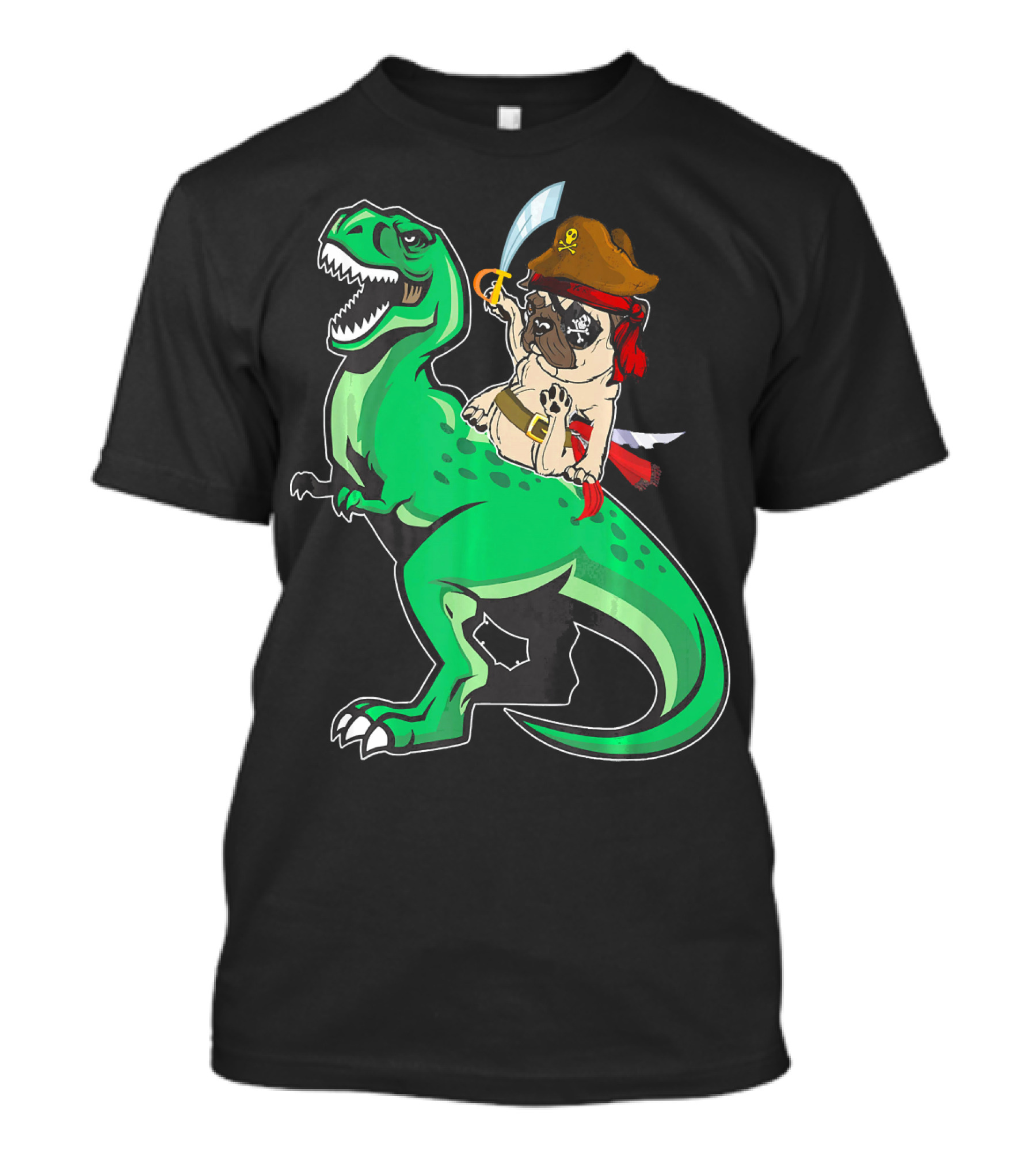 Pirate Pug Riding Rex Dinosaur With Sword And Hat T-Shirt