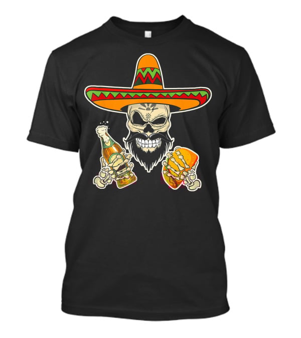 Sombrero-Wearing Sugar Skull With Beer And Tacos T-Shirt