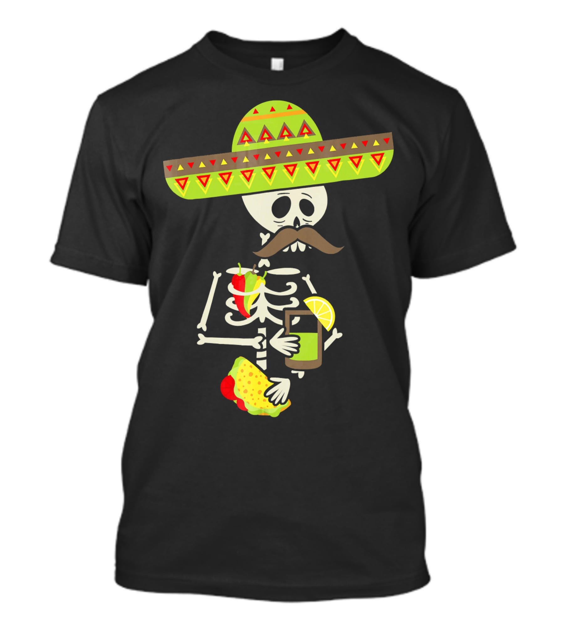 Mexican Skeleton Sombrero Holding Tequila Chili Tacos T-Shirt
