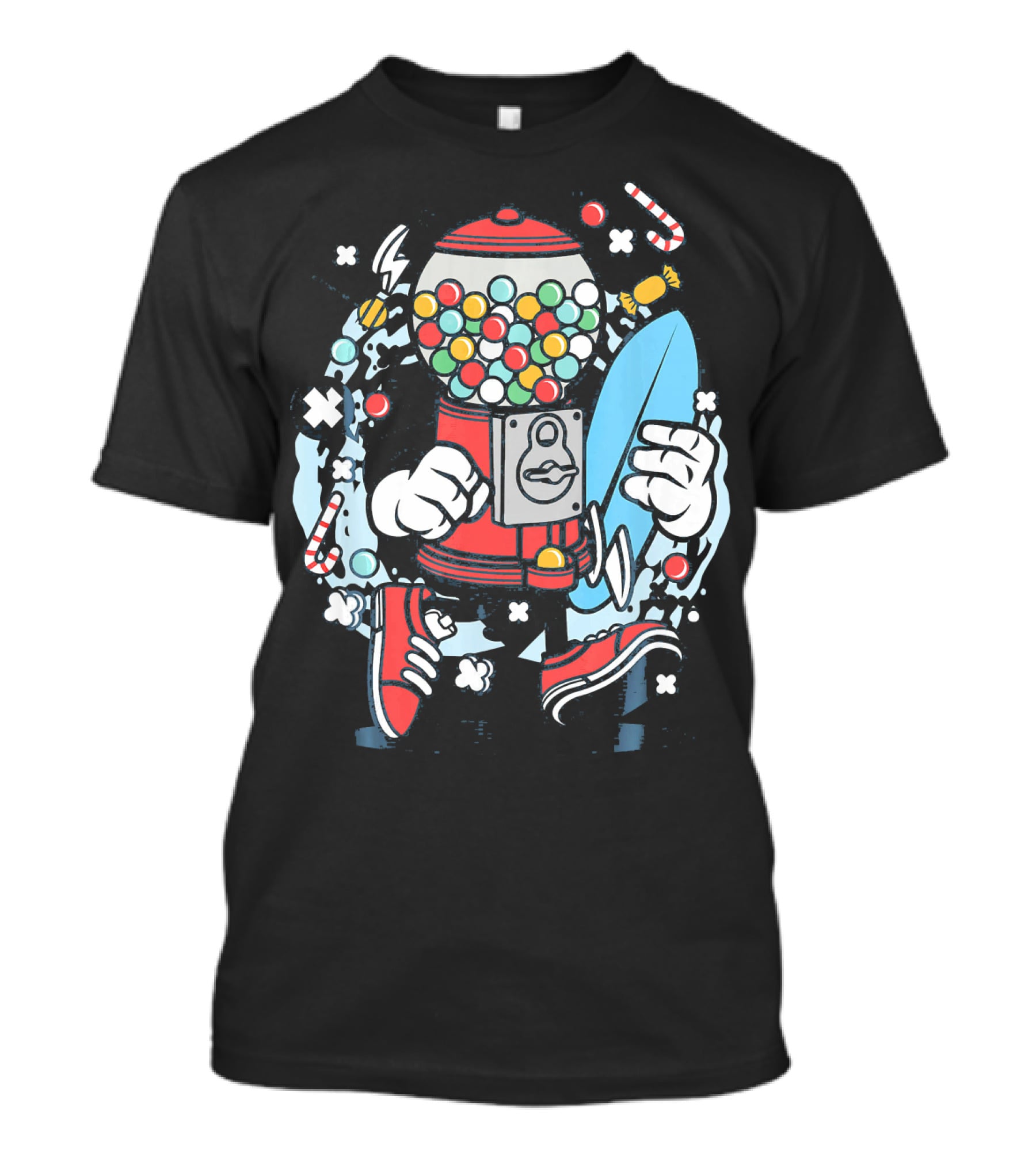 Cartoon Candy Machine With Surfboard And Sneakers Adventure T-Shirt