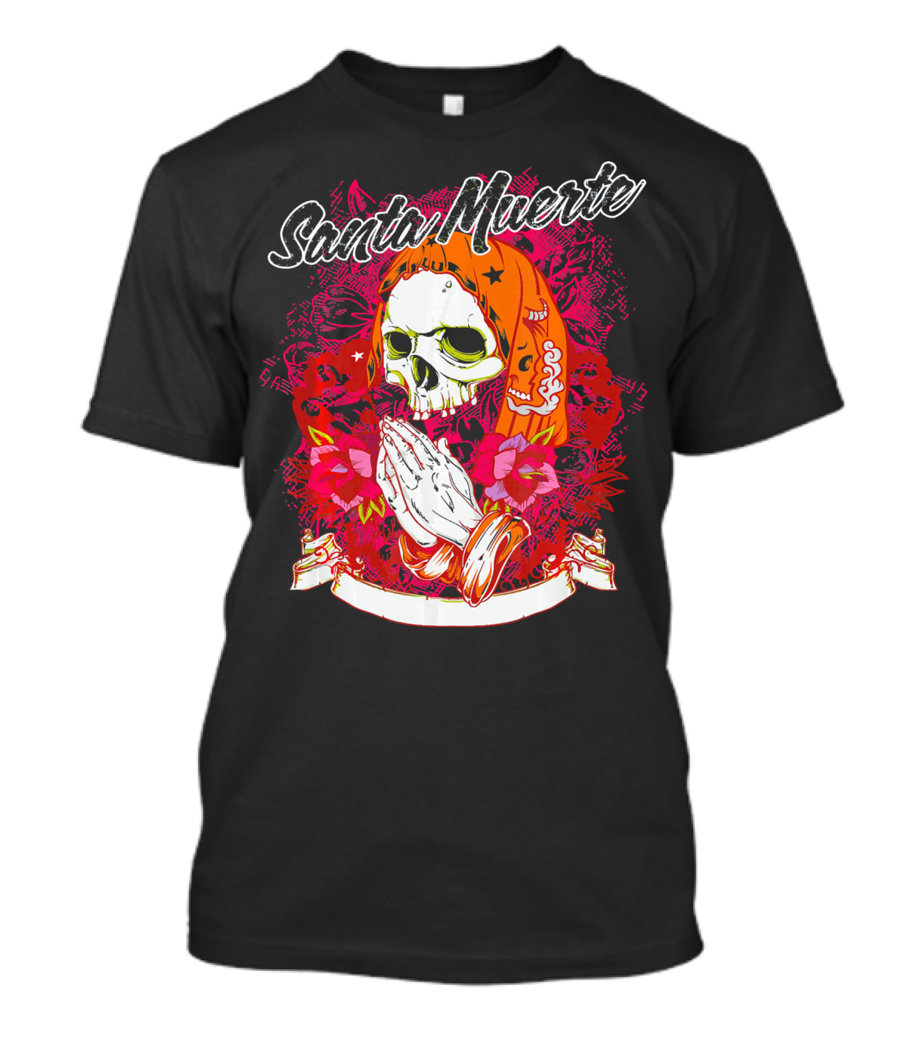 Santa Muerte Mexican Day Of The Dead Praying Skull With Flowers T-Shirt