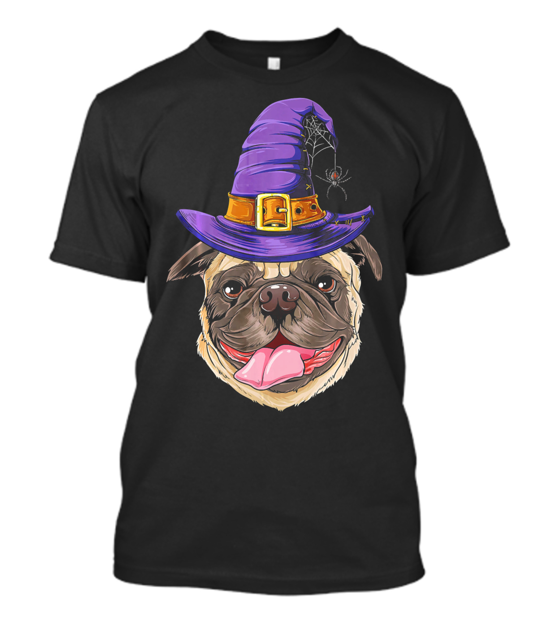 Pug With Witch Hat And Spider Halloween T-Shirt
