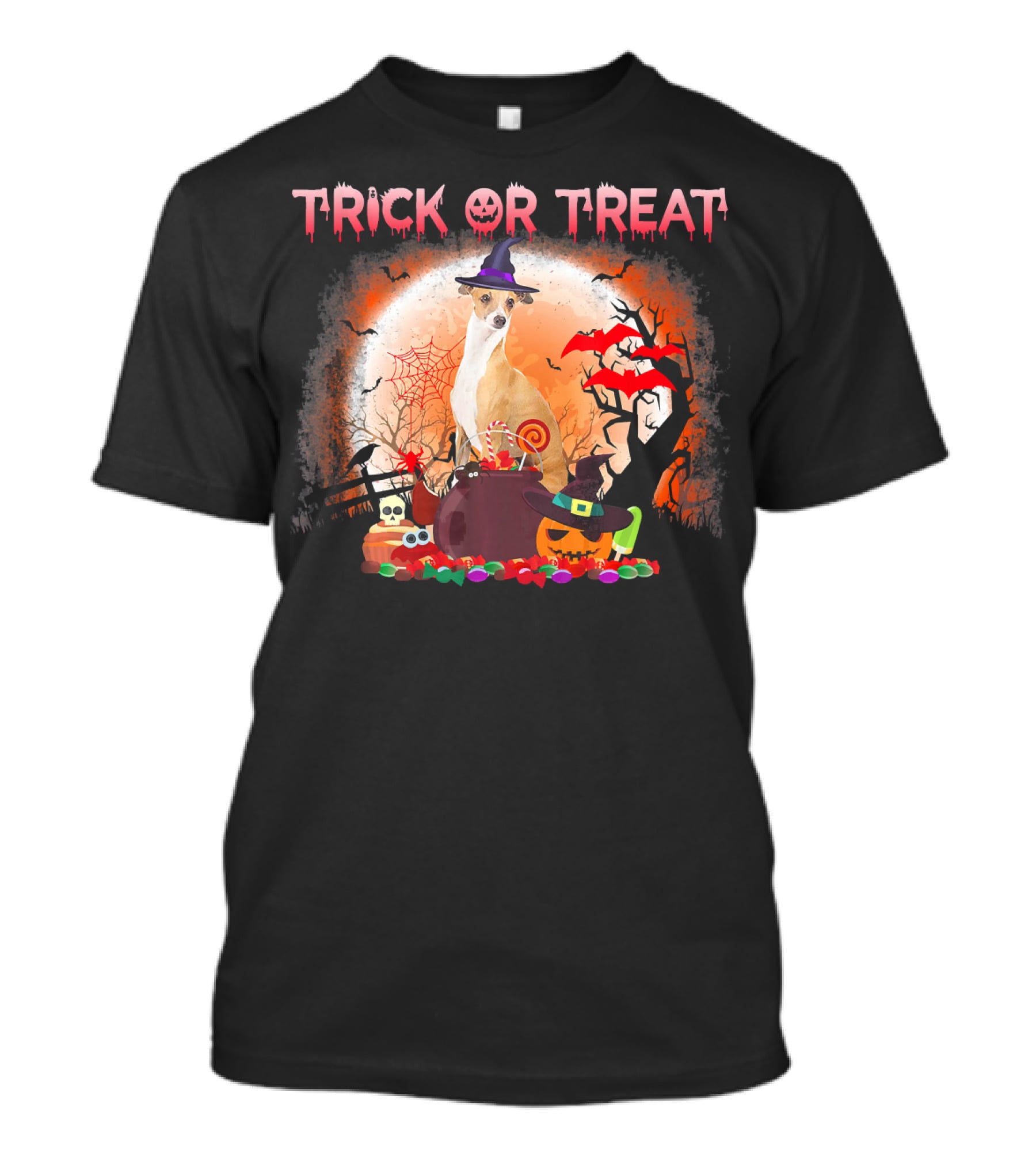 Trick Or Treat Italian Greyhound Halloween Magic Moonlit Scene T-Shirt