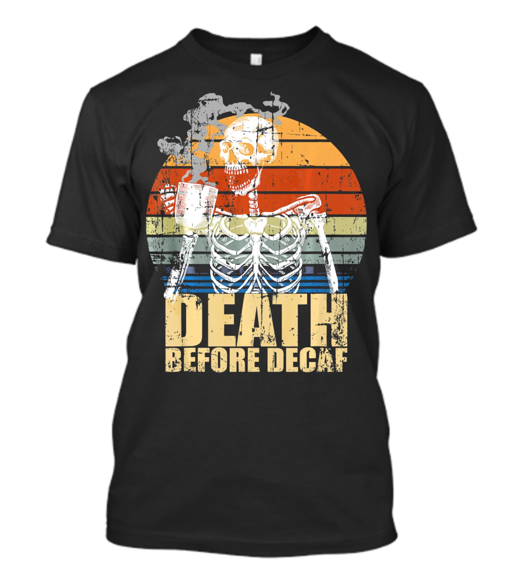 Vintage Death Before Decaf Coffee Skeleton Retro Sunset T-Shirt