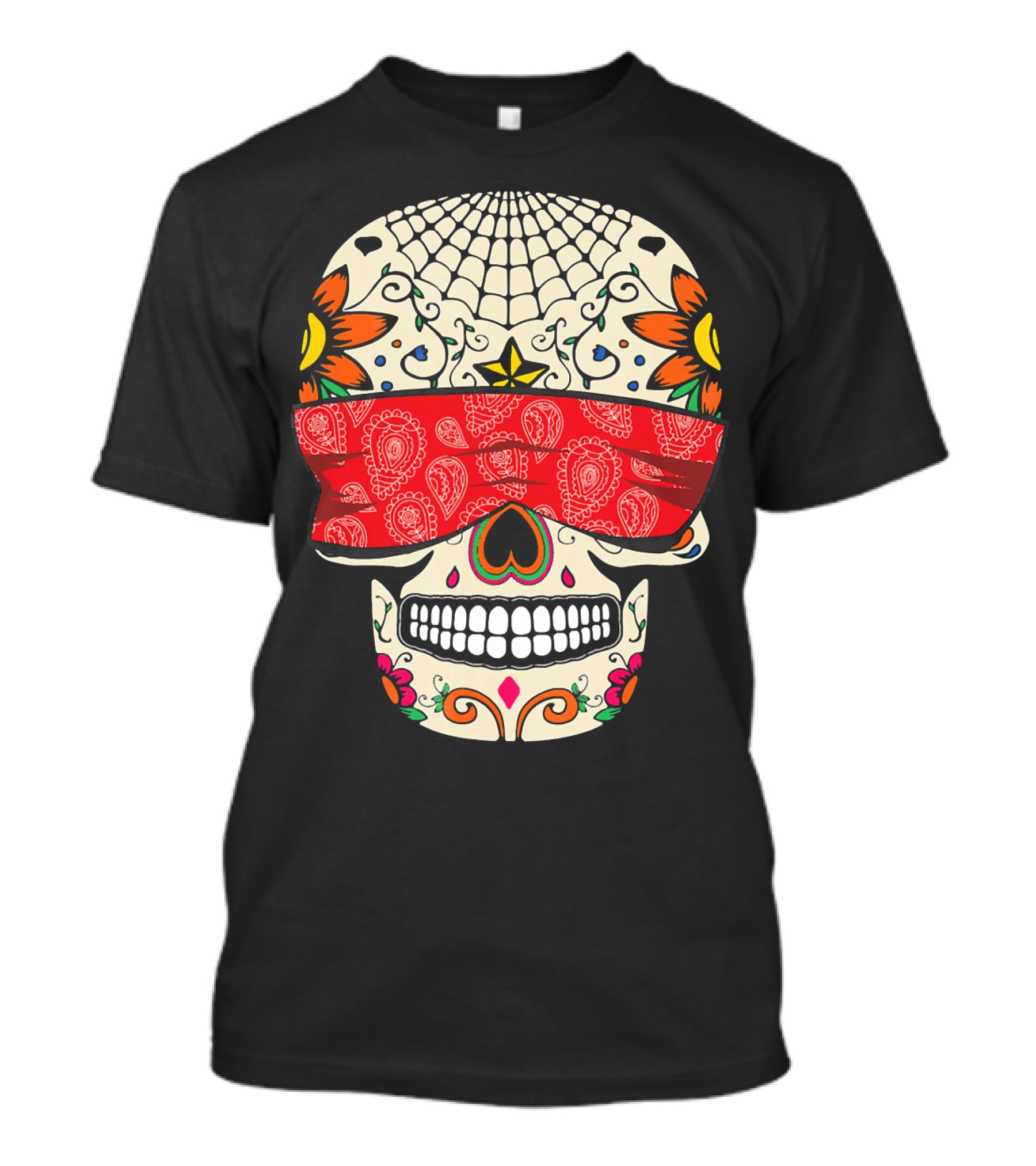 See No Evil Sugar Skull With Red Bandana And Floral Motifs T-Shirt