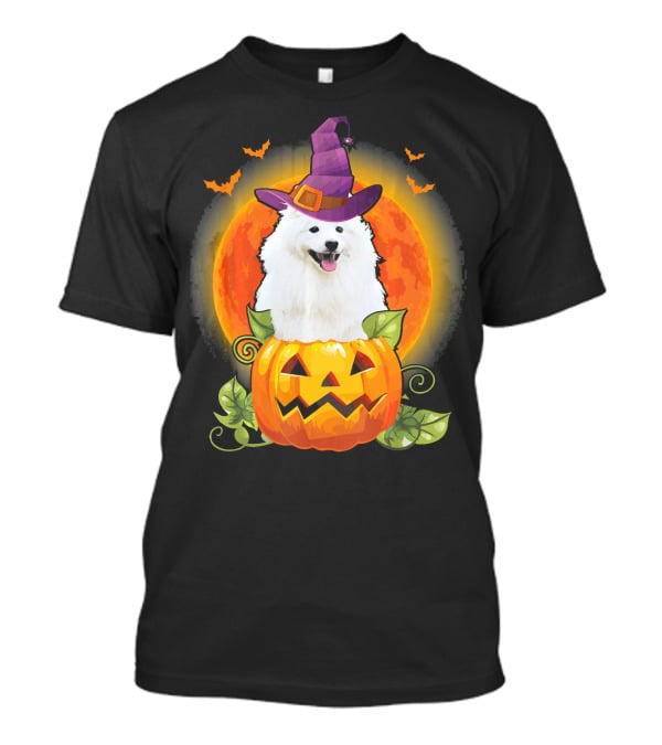 Samoyed Dog Witch Hat Pumpkin Halloween Moon T-Shirt