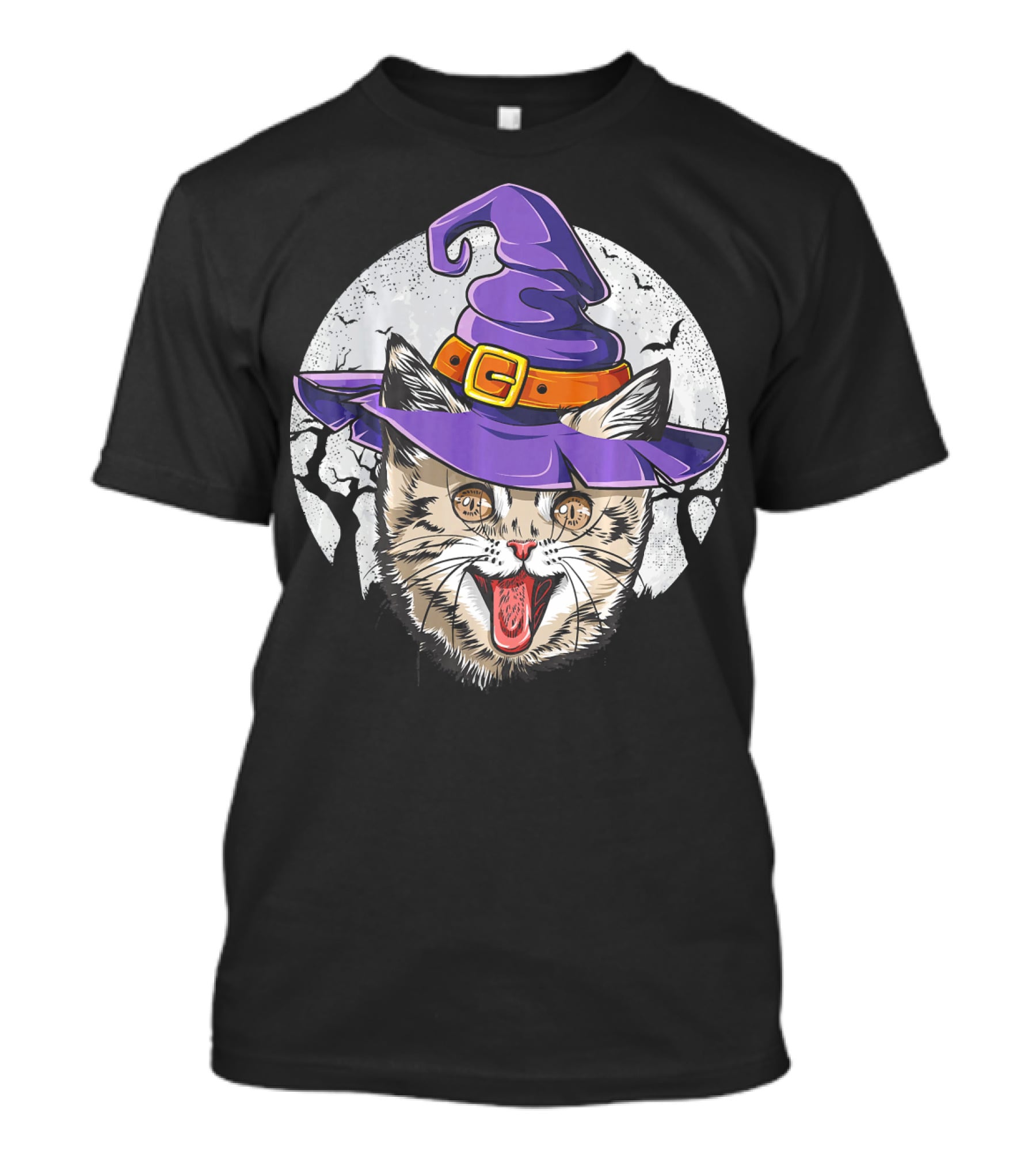 Funny Halloween Witch Cat With Purple Hat And Moon Background T-Shirt