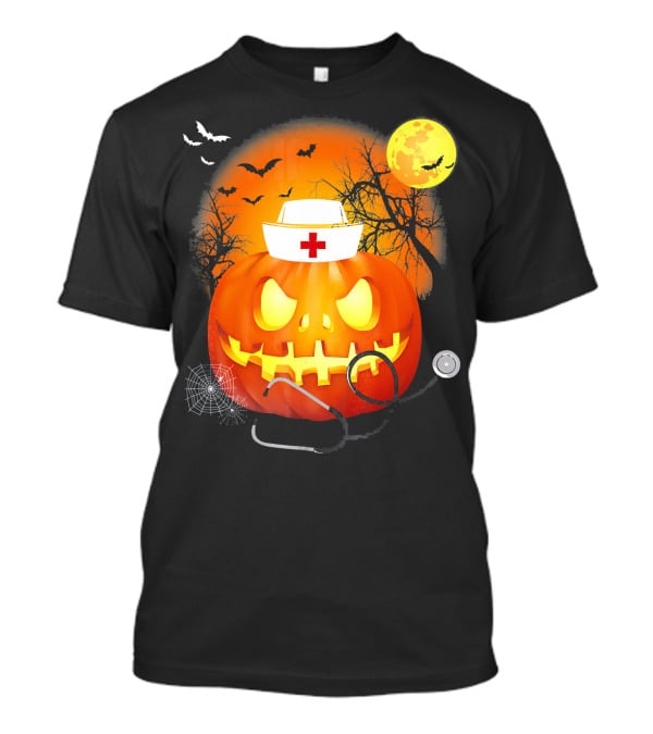 Nurse Halloween Pumpkin With Stethoscope And Bats T-Shirt
