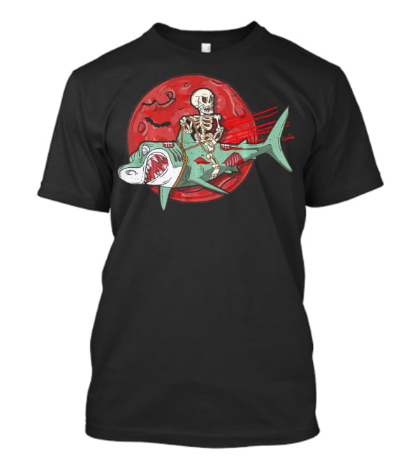 Skeleton Riding Shark Zombie With Red Moon And Bats T-Shirt