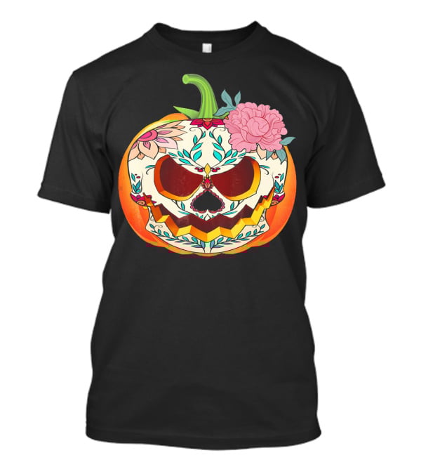 Day Of The Dead Pumpkin Sugar Skull With Floral T-Shirt