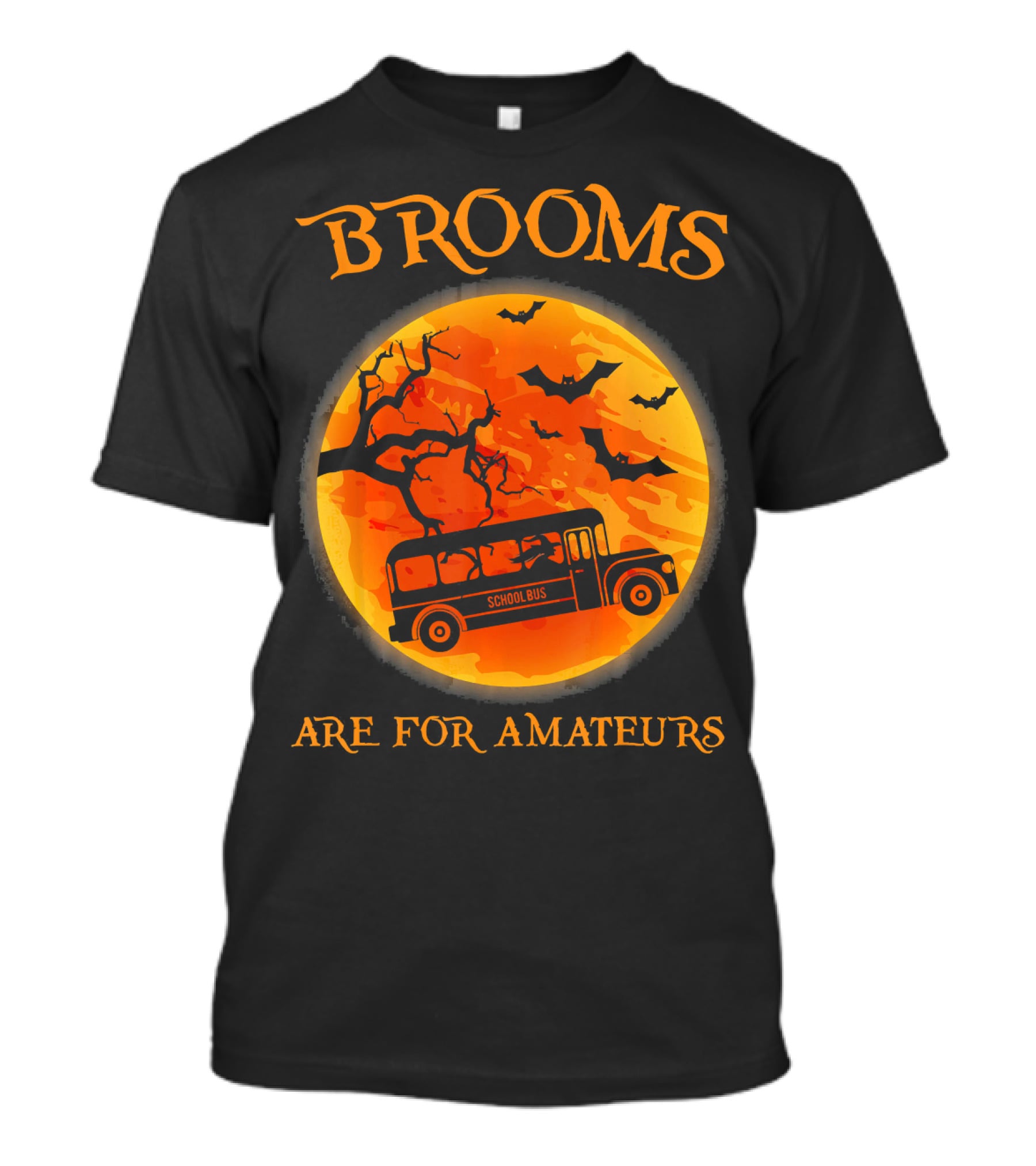 Brooms Are For Amateurs School Bus Halloween Scene T-Shirt